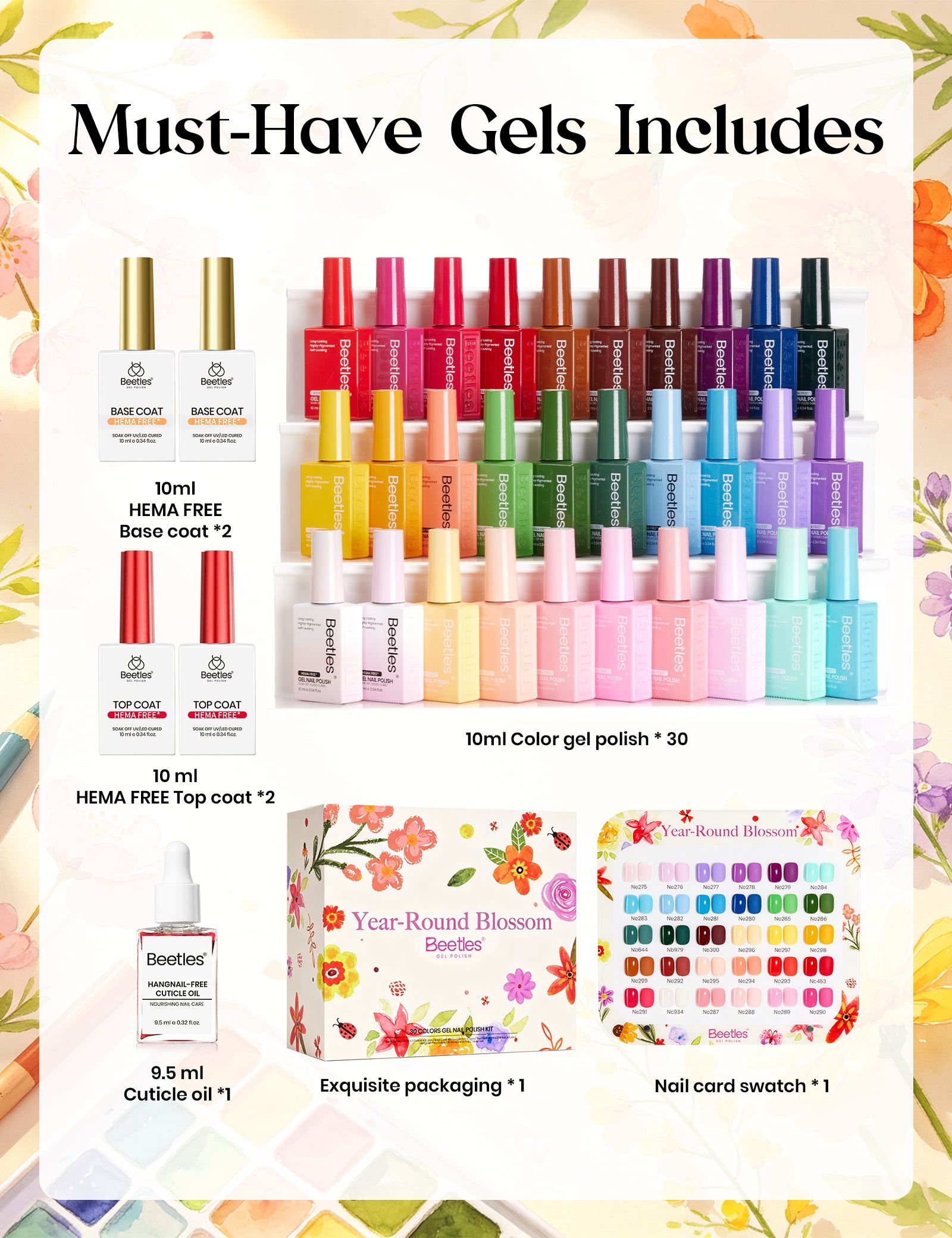 Year-Round Blossom | 30 Trending Colorful Colors HEMA Free & TPO Free Runway Palette 10ml Gel Polish Set