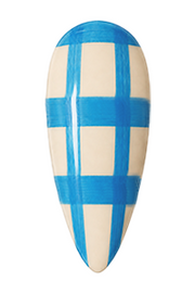 Use a nail art brush (included in the set) to paint two thick horizontal lines and two thick vertical lines with #h116 (a lake blue gel nail polish); cure under the lamp for 30–60 seconds.