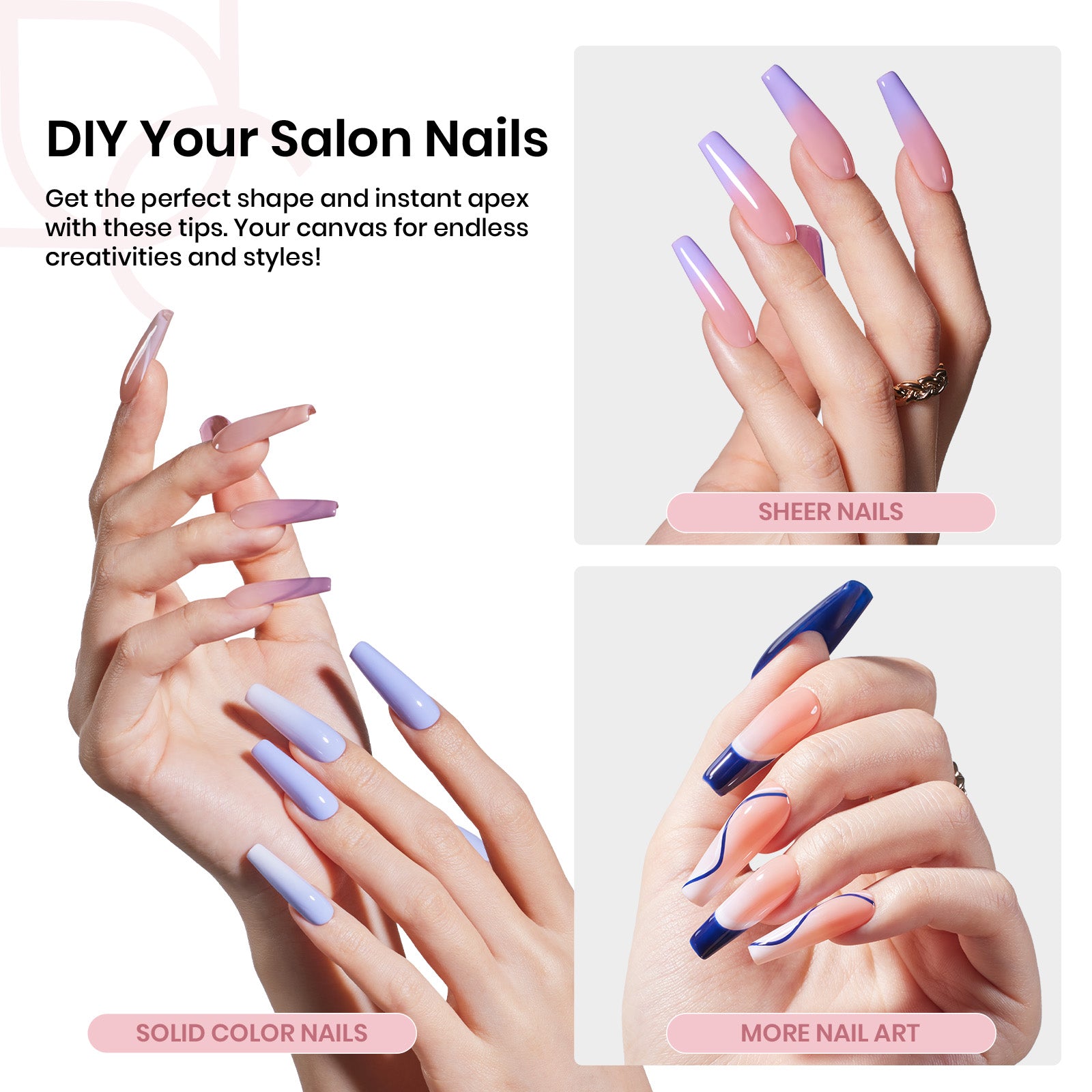 Beetles Pro Tipex Instant Apex Nail Tips, Long Coffin 512pcs, Thicker Strong Acrylic Tips for DIY Salon-look Extensions
