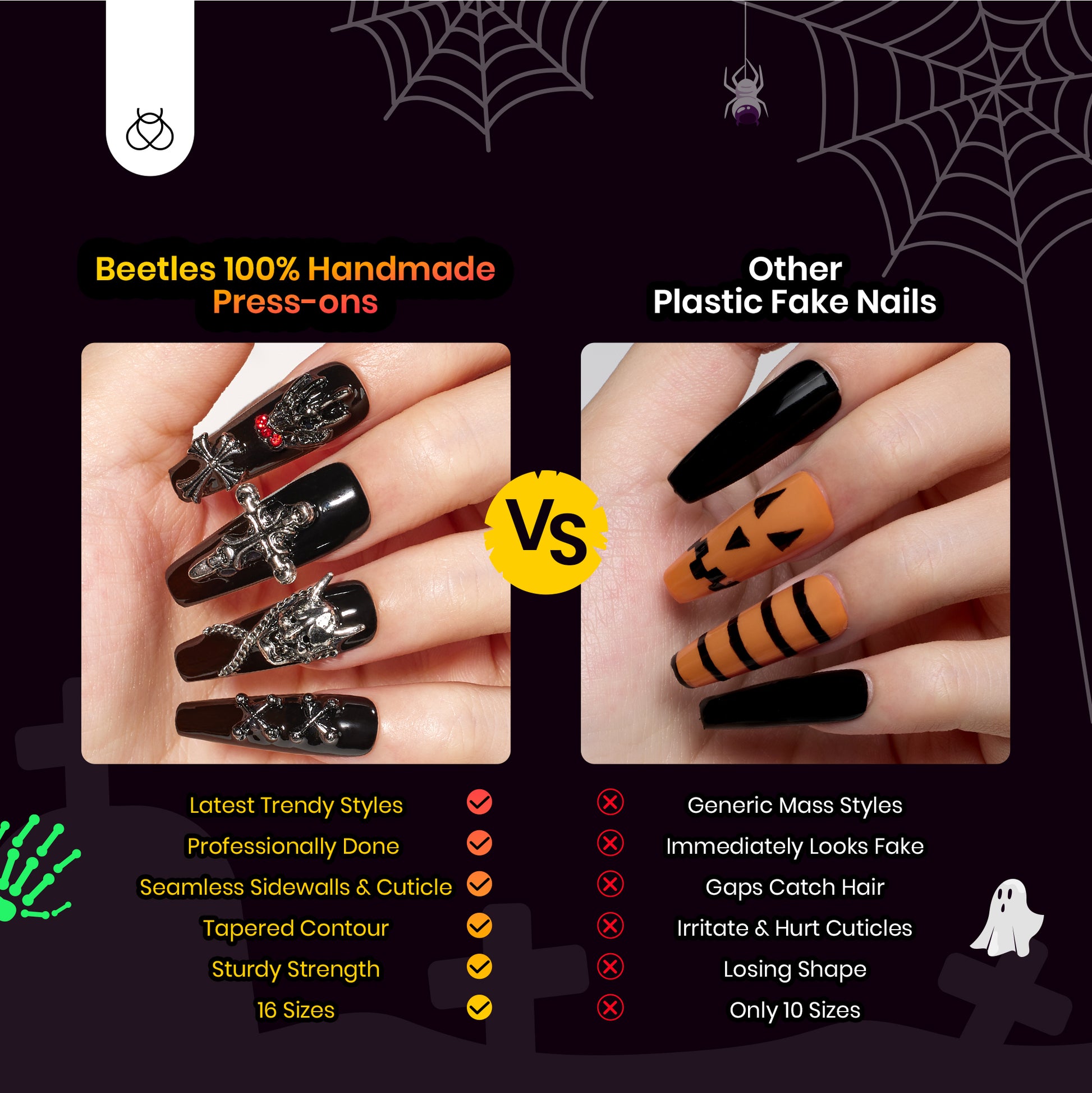 Helloween Black Ghost | Medium Coffin Press On Nails in 16 Sizes-32Pcs
