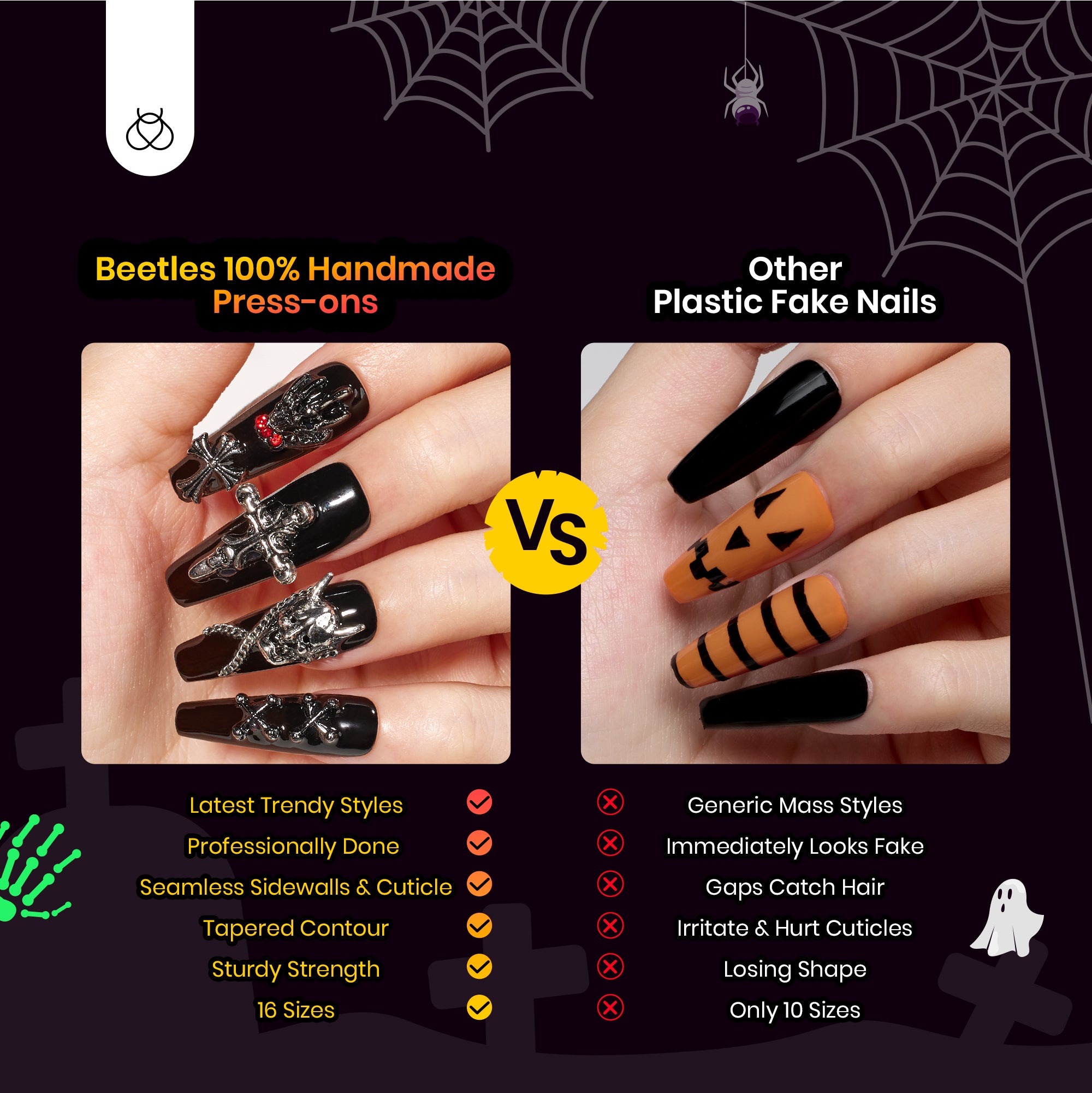 Helloween Black Ghost | Medium Coffin Press On Nails in 16 Sizes-32Pcs