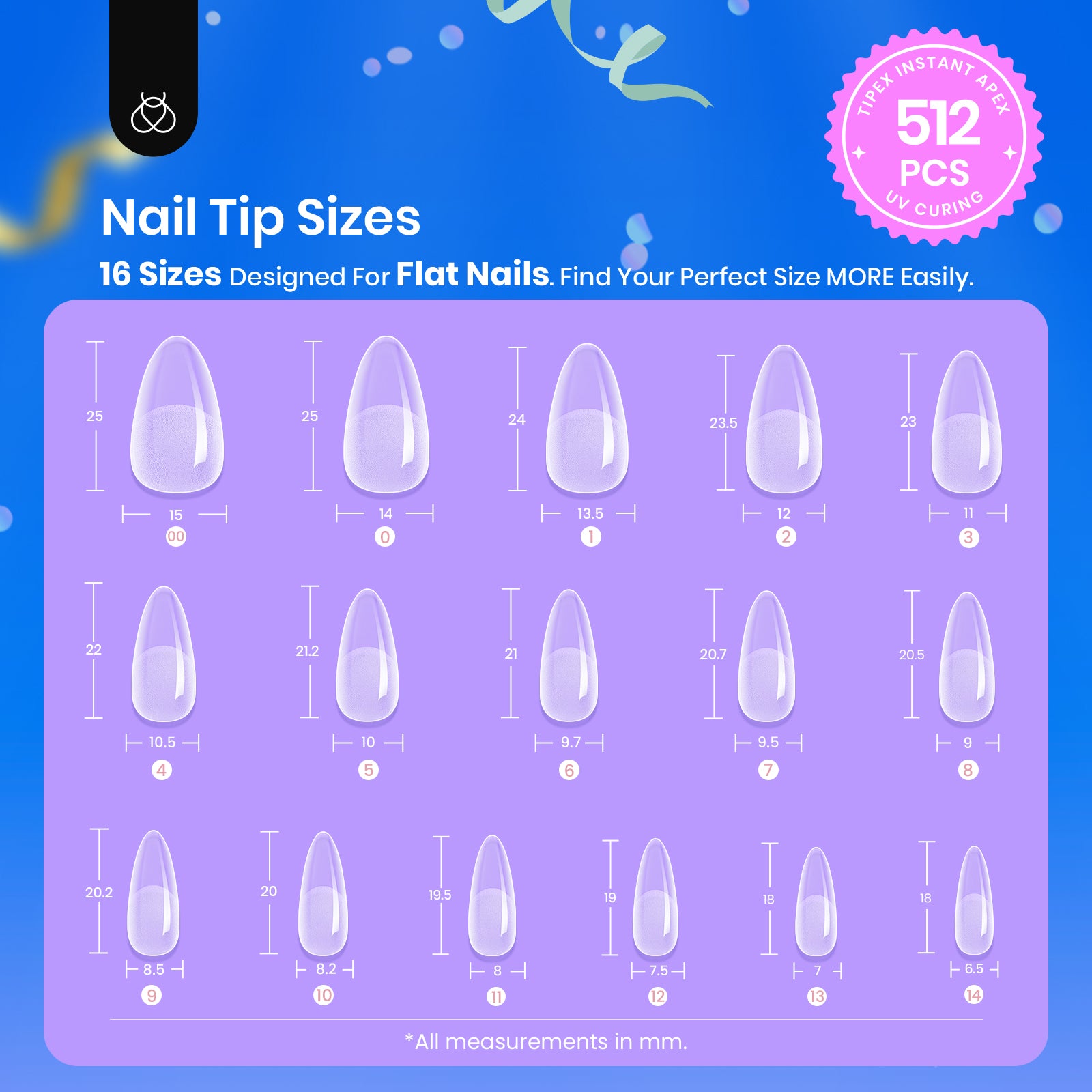 Beetles Pro Tipex Instant Apex Nail Tips, Medium Almond 512pcs, Thicker Strong Acrylic Tips for DIY Salon-look Extensions