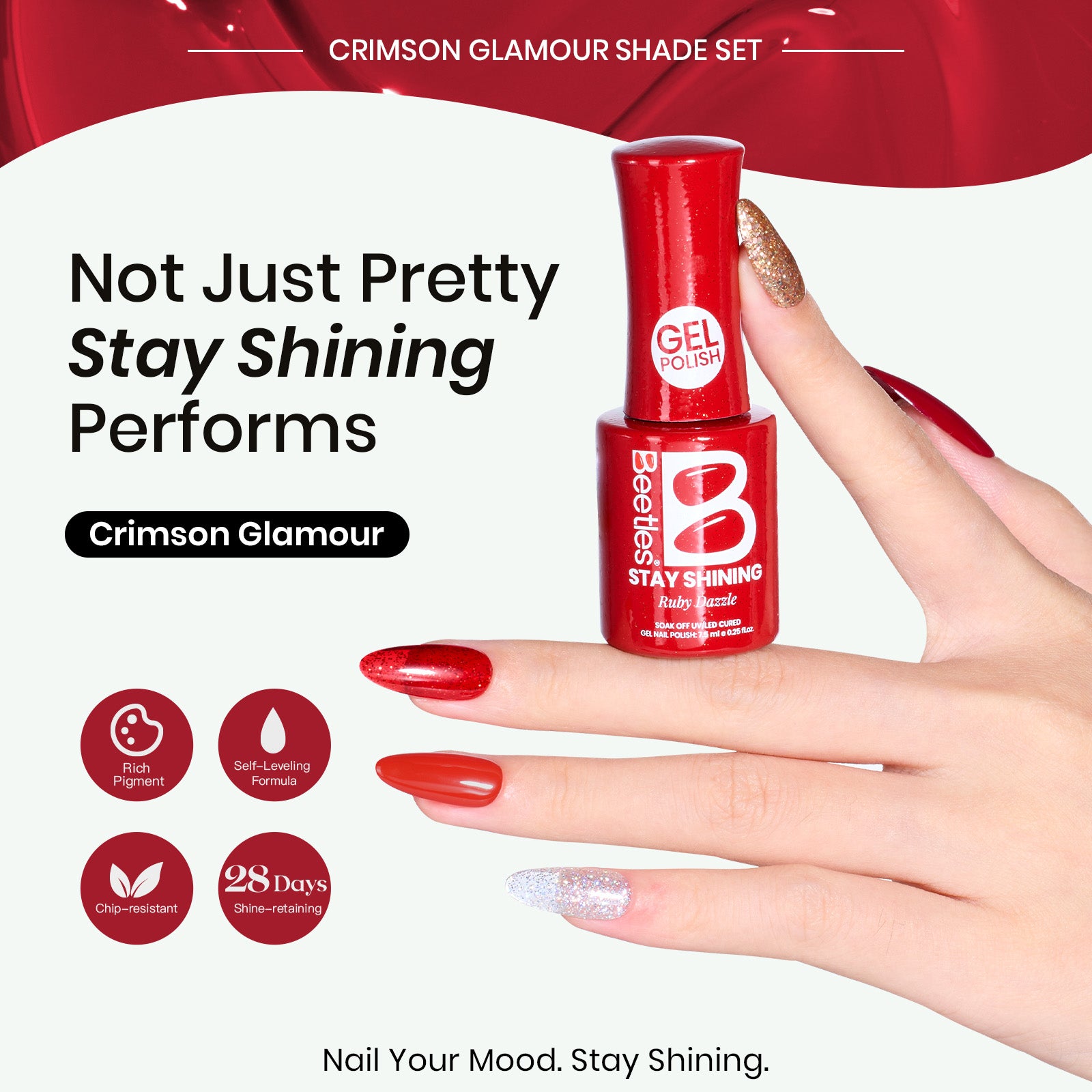 Beetles Gel Polish Crimson Glamour Shade Set -6 Pigments of Soft Joy, 7.5ml of Healing Carry