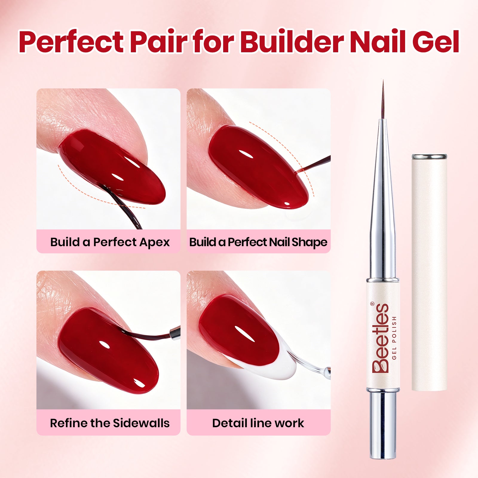 Beetles Builder Gel Nail Kit HEMA & TPO-Free, Crystal Rose Red with Nail Art Brush, 8 in 1 for Building Strengthening & Extension, Beginner Friendly DIY Salon at Home, UV LED Lamp Needed