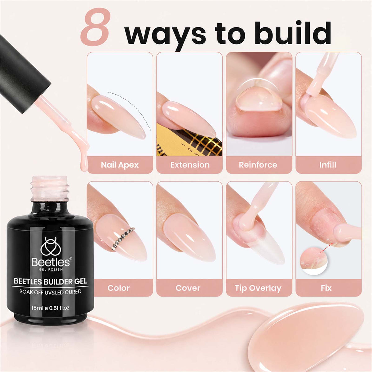 Beetles Builder Gel for Nails,8 in 1 Jelly Nude Color for Building Instant Apex Extension & Strengthener, Friendly for Beginner Women DIY Nail at Home, UV & LED Lamp Needed
