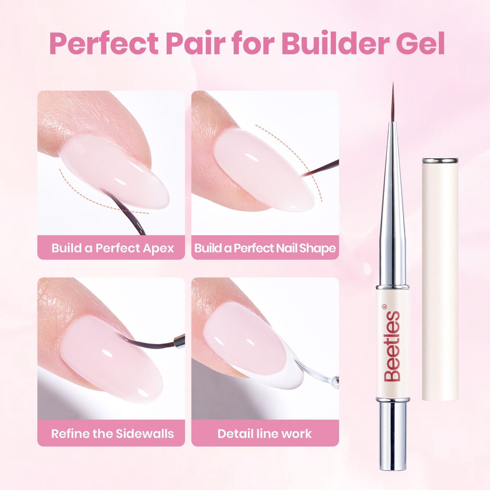 Beetles Builder Gel Nail Kit HEMA & TPO-Free, Petal Sheer Pink with Nail Art Brush, 8 in 1 for Building Strengthening & Extension, Beginner Friendly DIY Salon at Home, UV LED Lamp Needed
