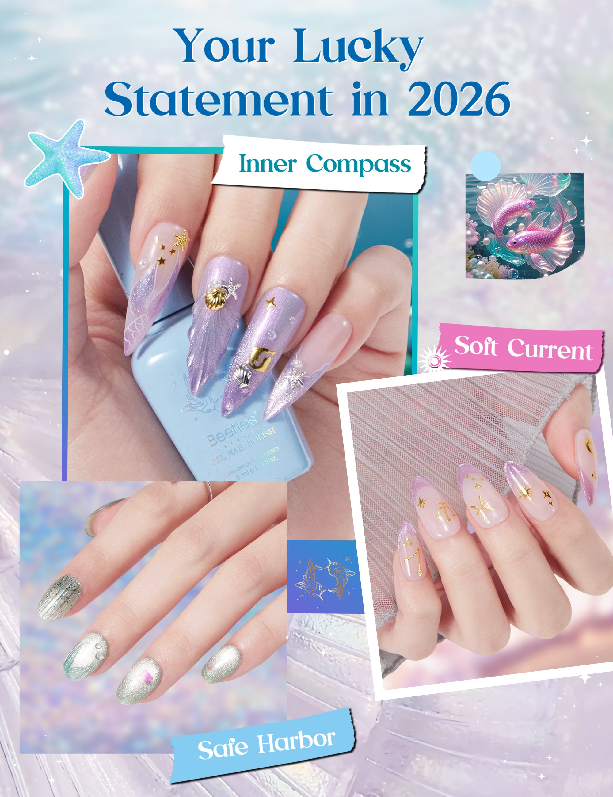 Beetles Stay Shining Pisces Fantasy HEMA Free TPO Free Summer Lucky Box, All-in-One Nail Art Set with Tools, Necklace Badge, Salon DIY Zodiac Gift for Women