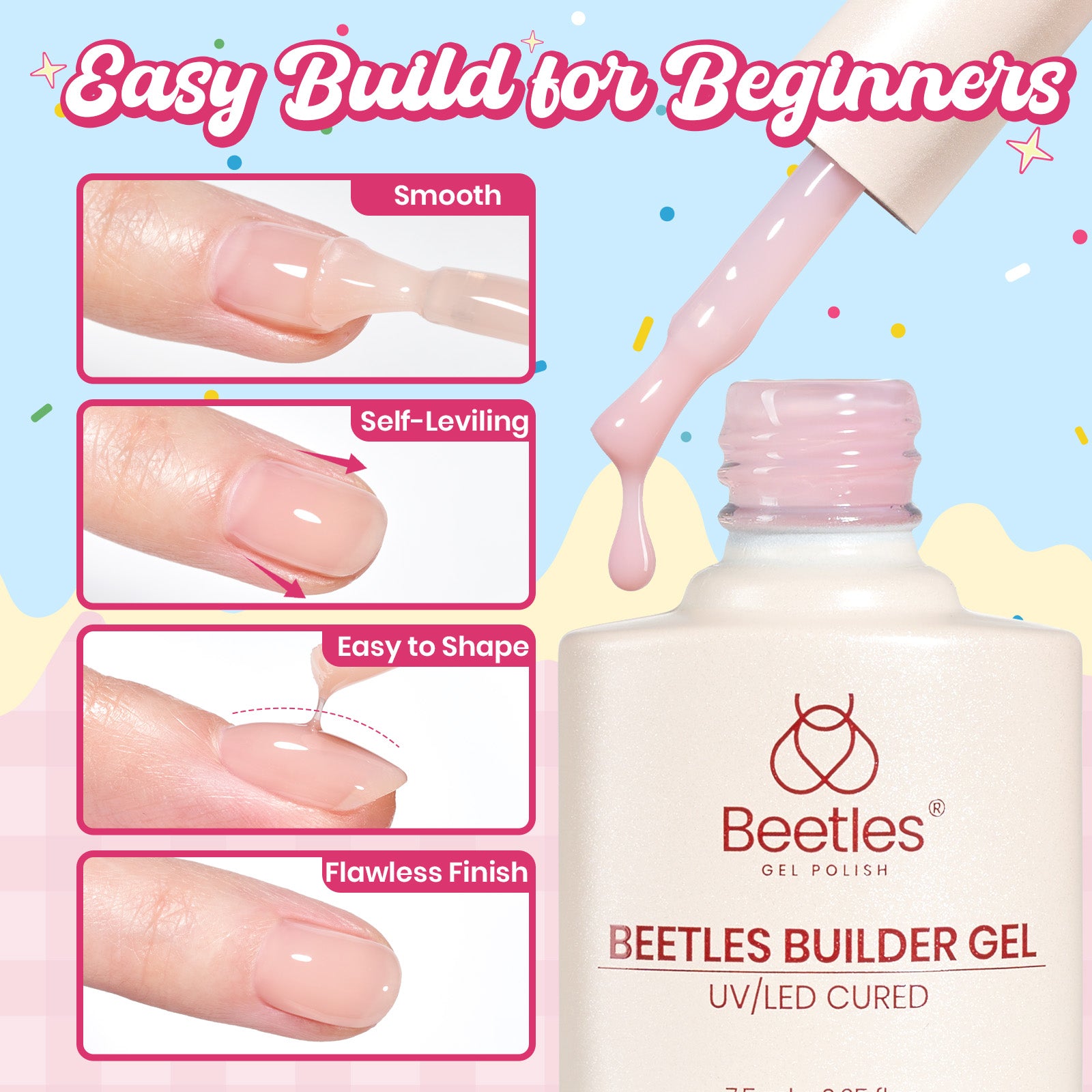 Beetles Builder Gel Nail Kit,Juicy Tint 6 Colors Jelly Pink Nude Builder Gels Apex Thickening Extension Strengthen Weak Nails for Beginners DIY Salon,Spring Nails at Home,UV & LED Lamp Needed