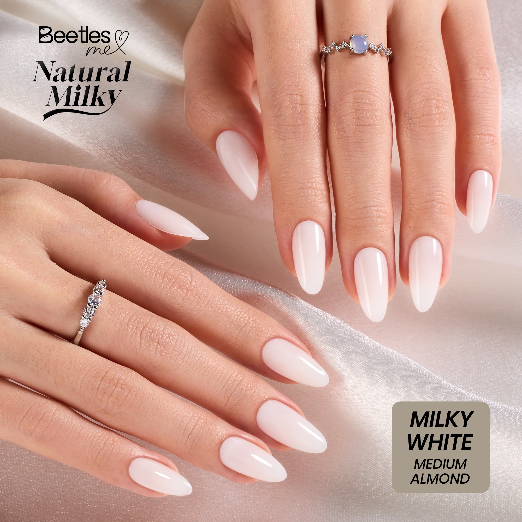 Beetles Natural Milky Press On Nails | Milky White Medium Almond 16 sizes-32pcs