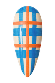 Use a nail art brush (included in the set) to paint fine, straight, intersecting lines on the nails with #h113 (a citrus orange gel nail polish);  cure under the lamp for 30–60 seconds.