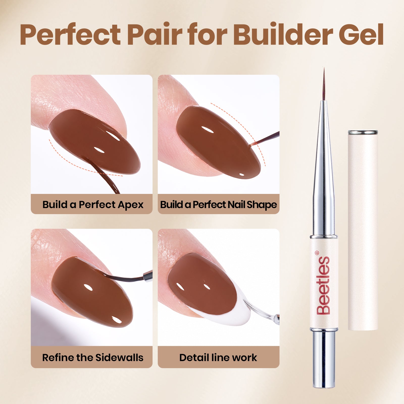 Beetles Builder Gel Nail Kit HEMA & TPO-Free, Maple Ember Brown with Nail Art Brush, 8 in 1 for Building Strengthening & Extension, Beginner Friendly DIY Salon at Home, UV LED Lamp Needed