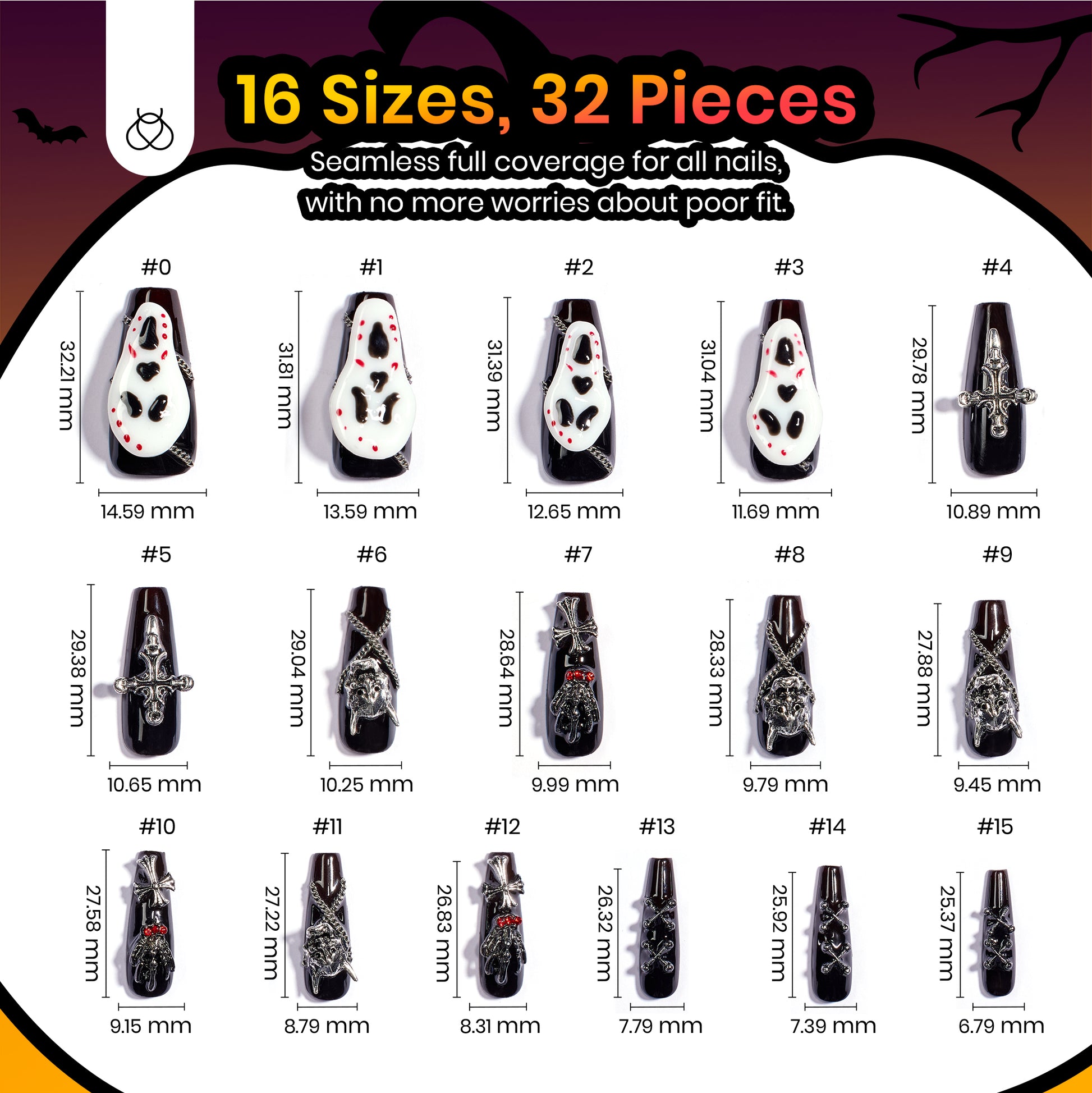 Helloween Black Ghost | Medium Coffin Press On Nails in 16 Sizes-32Pcs