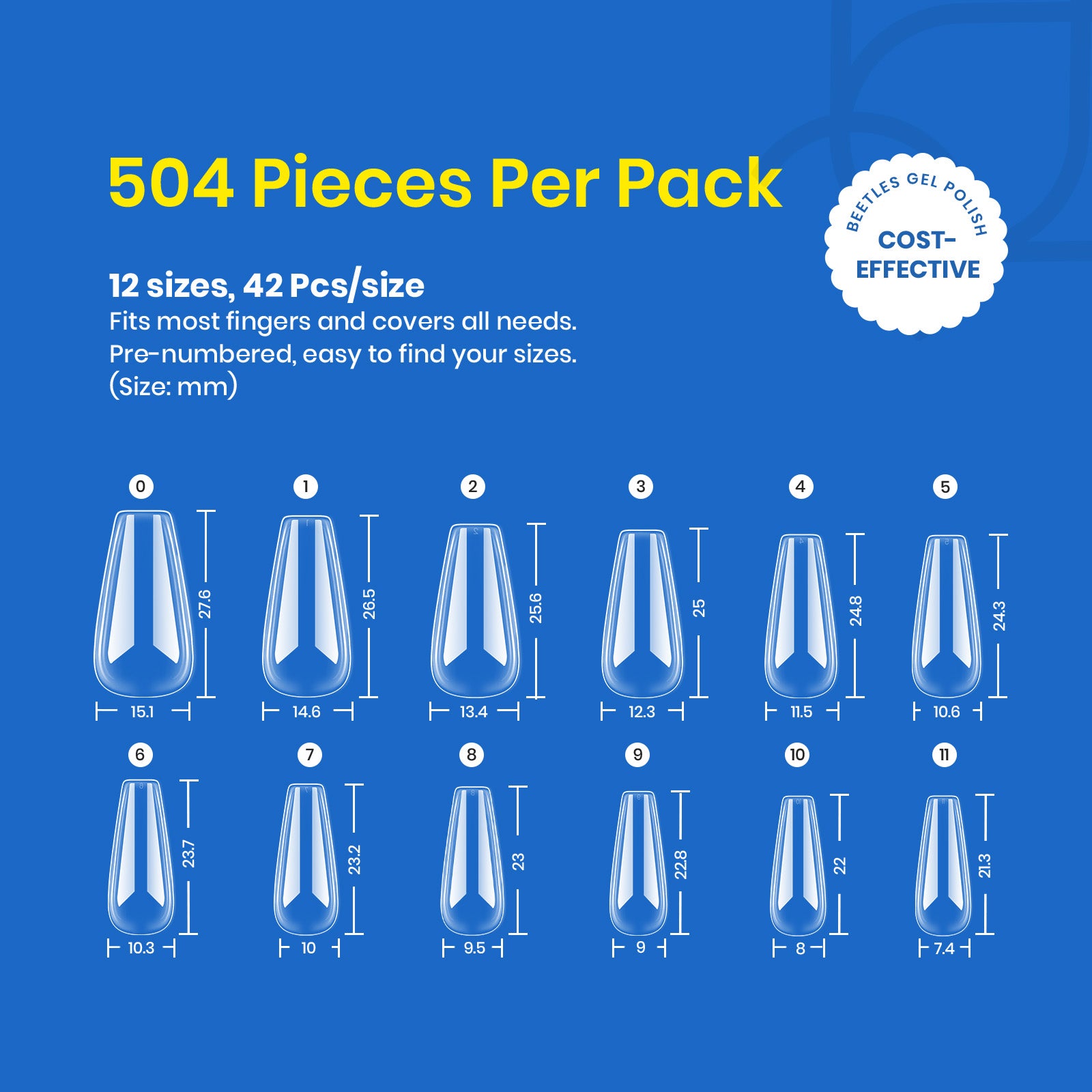 Beetles Pro Tipex Instant Apex Nail Tips, Long Coffin 512pcs, Thicker Strong Acrylic Tips for DIY Salon-look Extensions