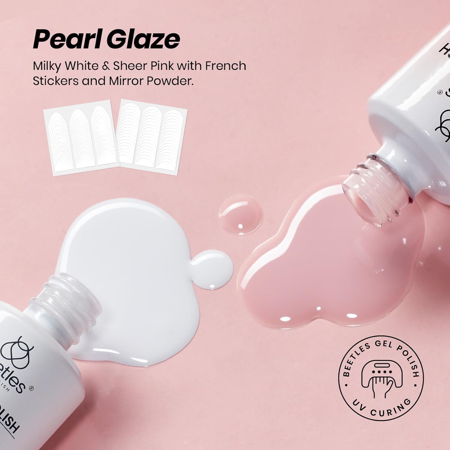 Beetles French Tip Gel Set - Pearl Glaze White Nude Pink Upgraded Gel Nail Kit Soak Off UV LED with 4 Styles Bubble French&Chrome Powder Nail Art Sticker DIY Home Salon Spring Gift for Women