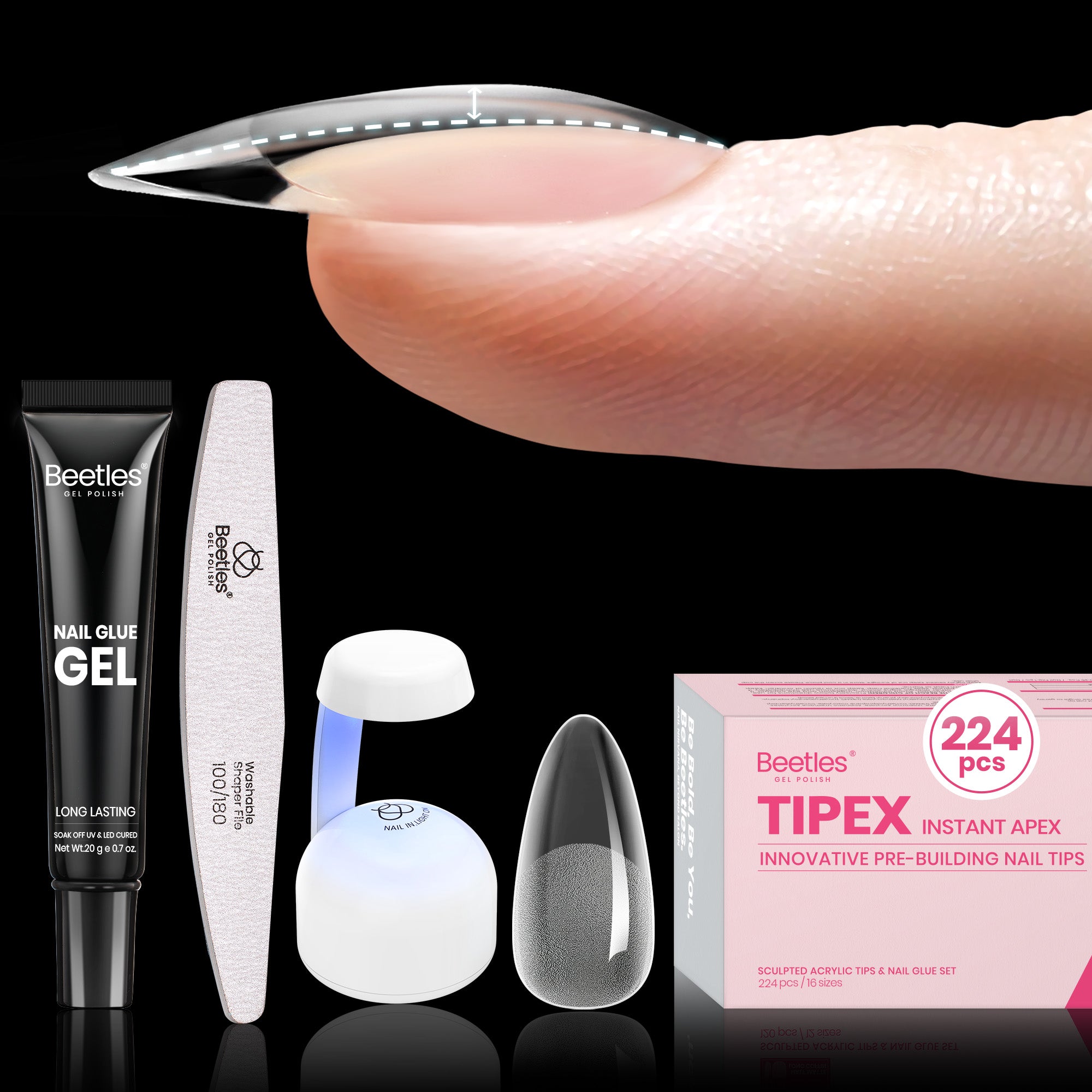 Beetles Tipex Gel Nail Kit, Medium Almond Nail Tips 224 Pcs 16