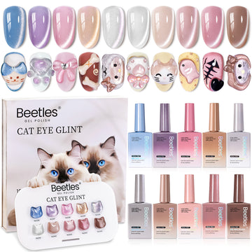 Beetles Cat Eye Gel Nail Polish Set - 10 Colors Glitter Icy Blue Nails Cat Eye Glint Gel Polish Kit