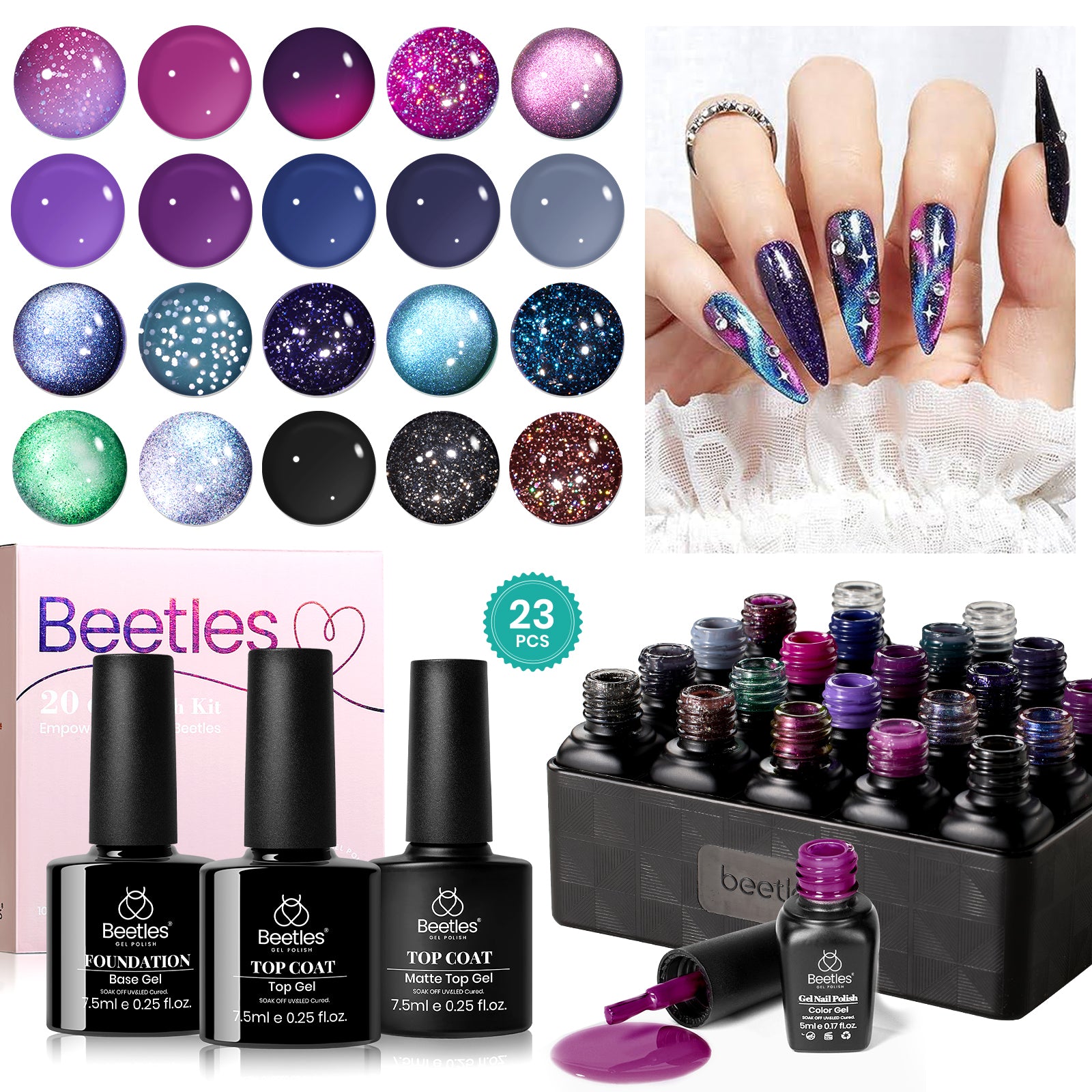 Cosmic Mirage - 20 Cat Eyes Gel Colors Nail Set with Top and Base Coat (5ml/Each)