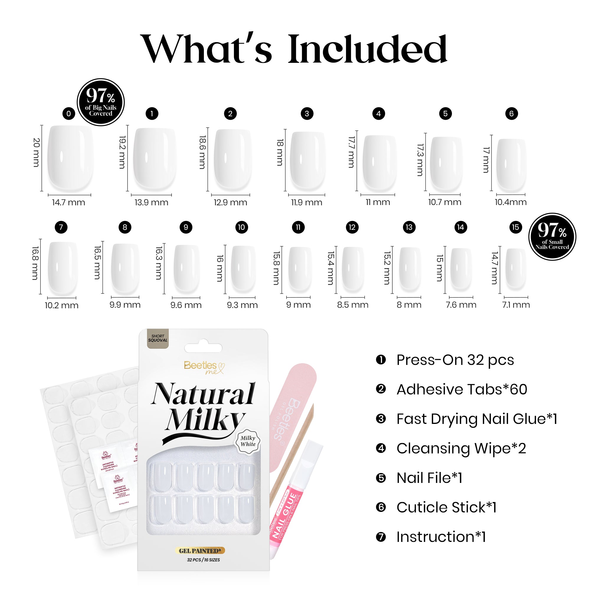 Beetles Natural Milky Press On Nails | Milky White Short Squoval 16 sizes-32pcs