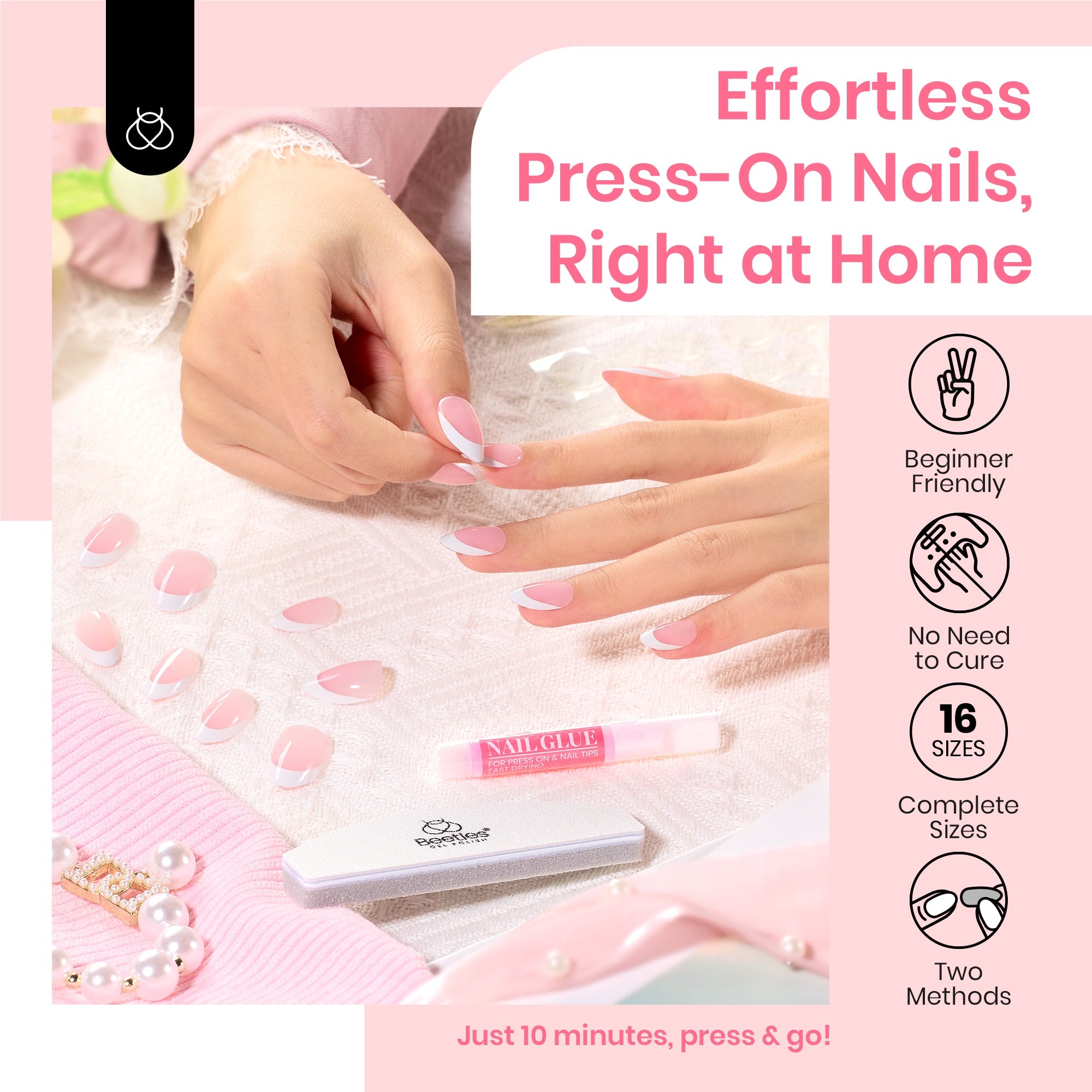 Beetles Almond Press On Nail,64 psc Pink Ombre Nails Press On 16 Sizes XS Short Almond Pink Ombre Fake Nails 2 Set Press On Nails with Nail Glue & Double-Sided Adhesives Nails Press Ons for Women