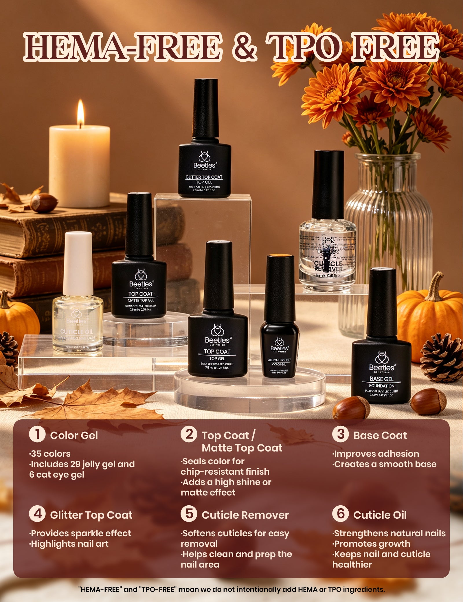 Beetles Gel Nail Starter Kit Amber Woodland 35 Colors Gel Fall Nails HEMA Free & TPO Free All-in-One Mani Kit