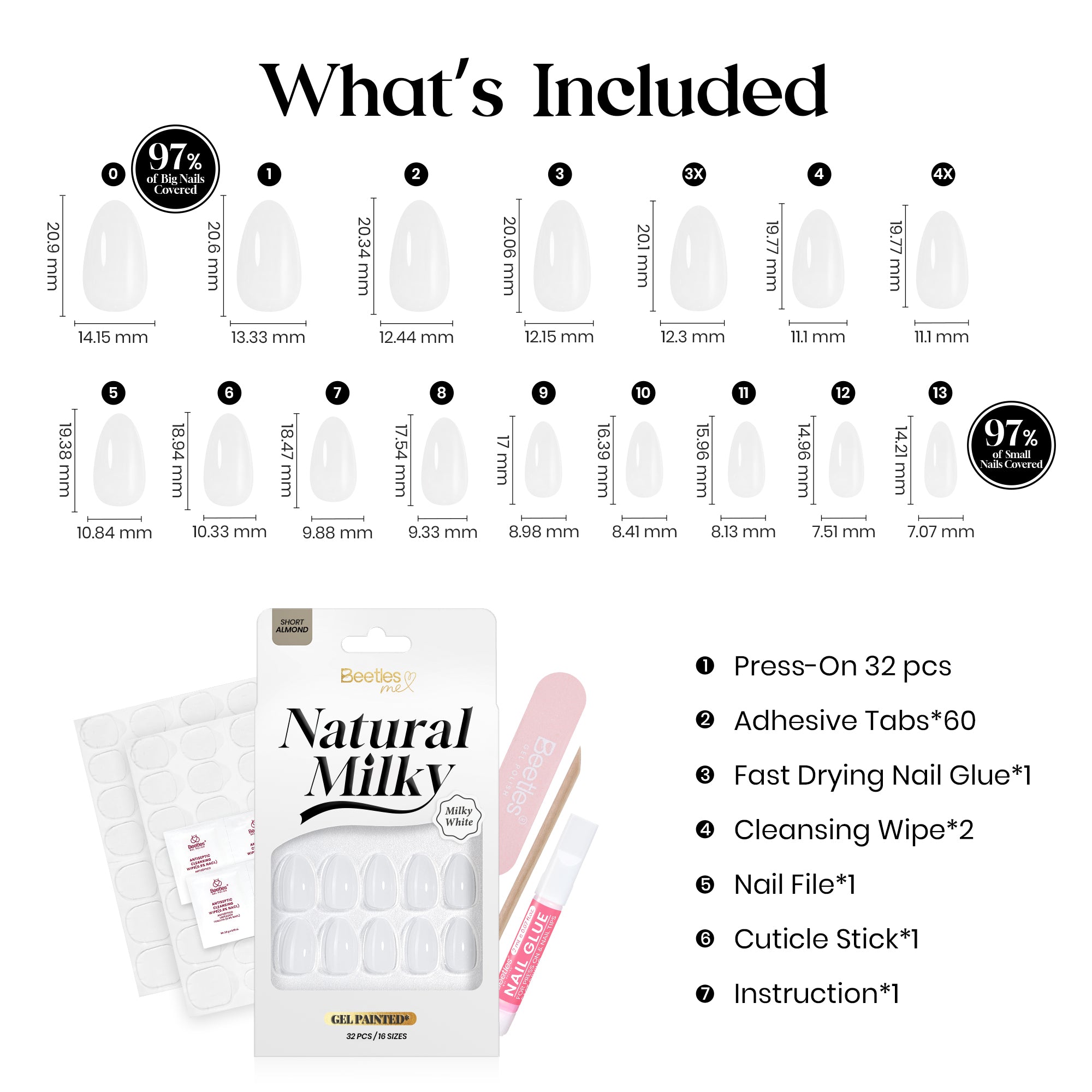 Beetles Natural Milky Press On Nails | Milky White Short Almond 16 sizes-32pcs