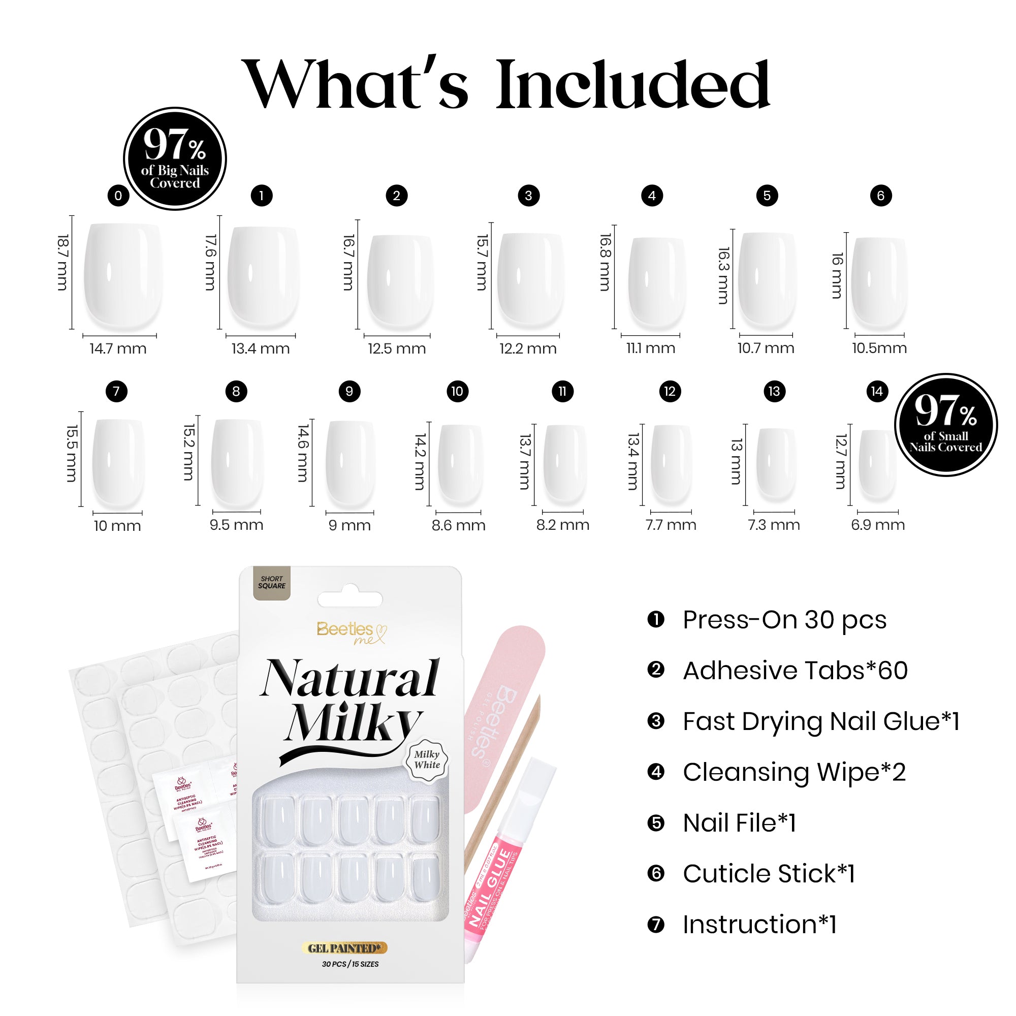 Beetles Stay Shining Milky White Press On Nails Short Square