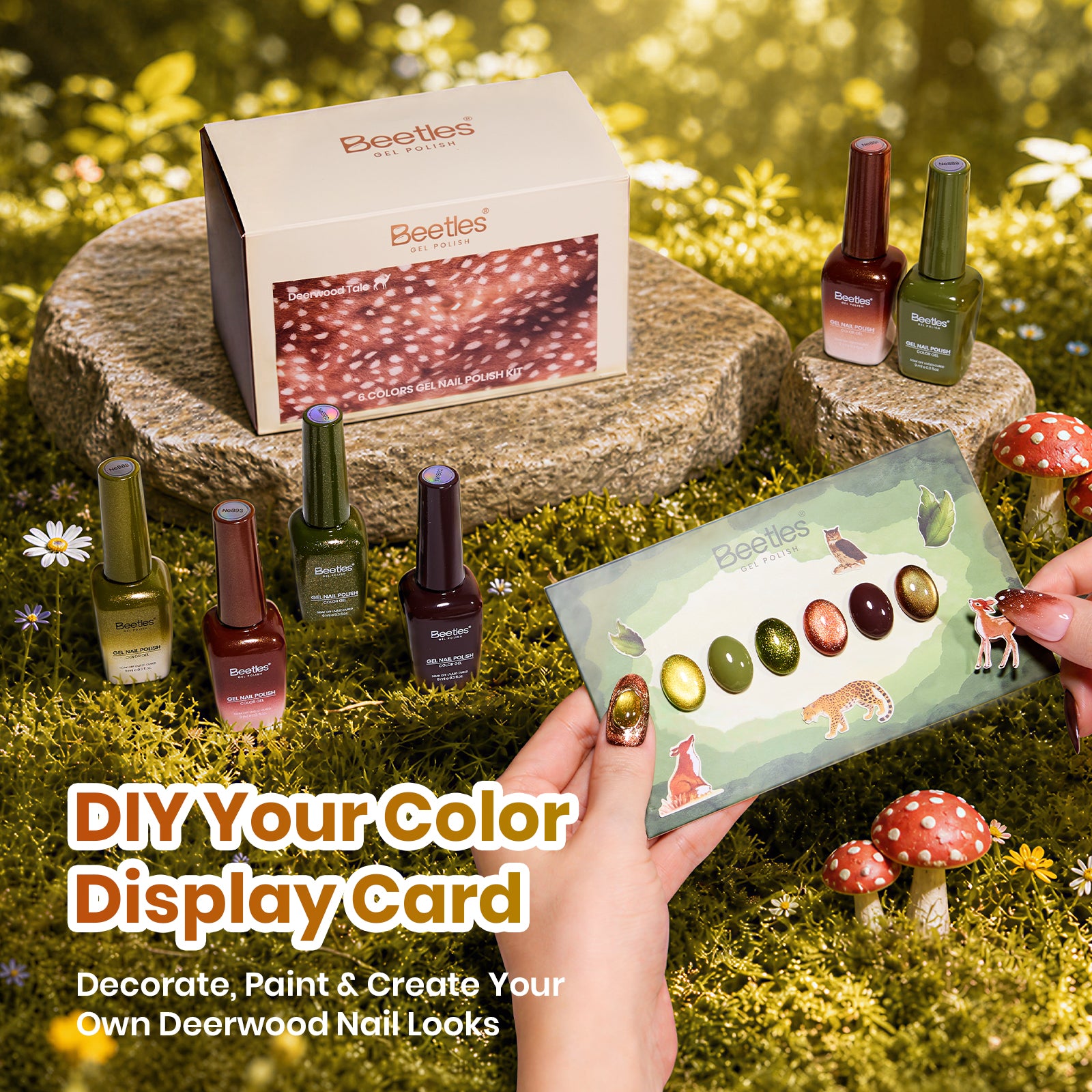 Beetles Deerwood Tale Green Brown Gel Nail Polish Set Cat Eye Glitter with Liner Gel