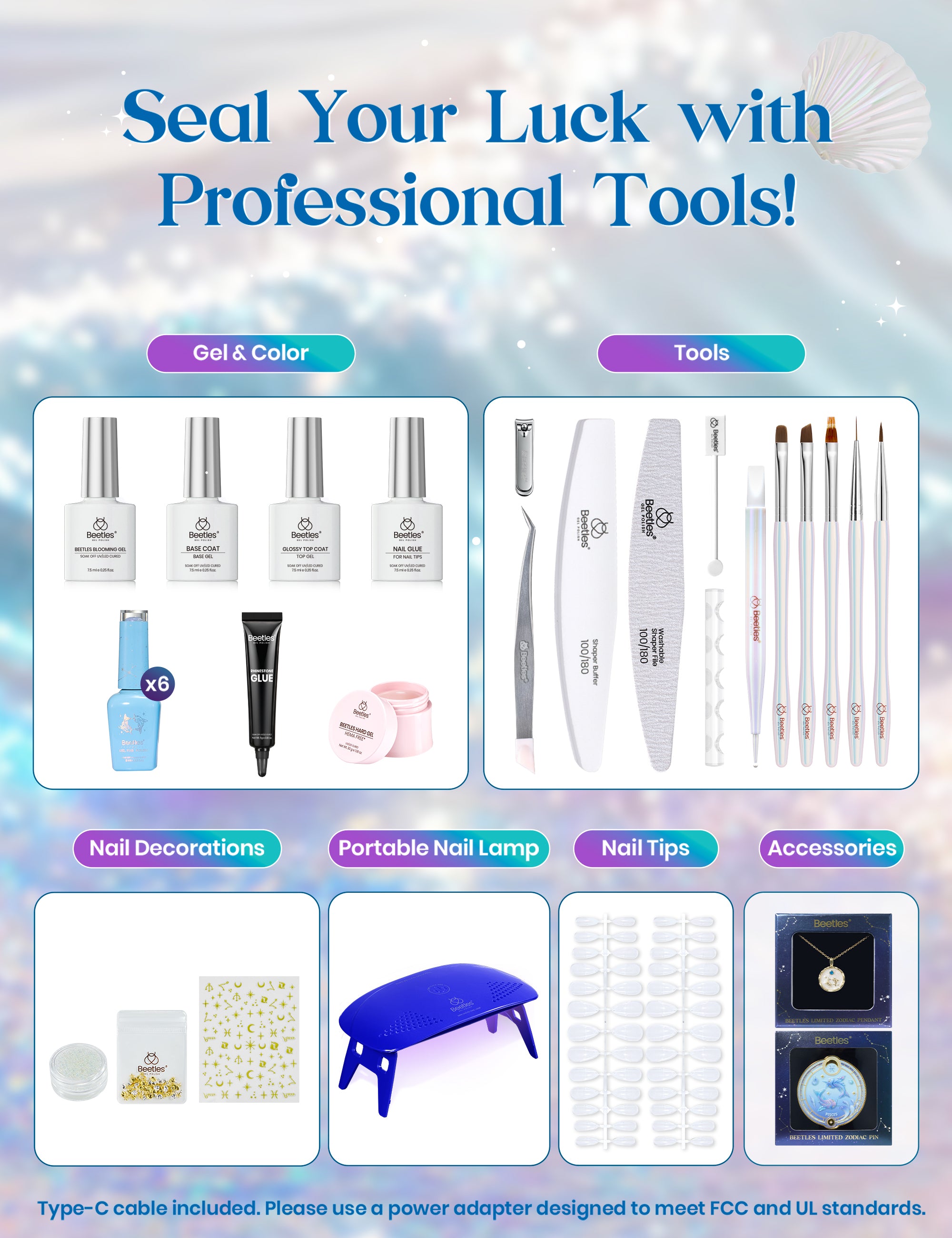 Beetles Stay Shining Pisces Fantasy HEMA Free TPO Free Summer Lucky Box, All-in-One Nail Art Set with Tools, Necklace Badge, Salon DIY Zodiac Gift for Women