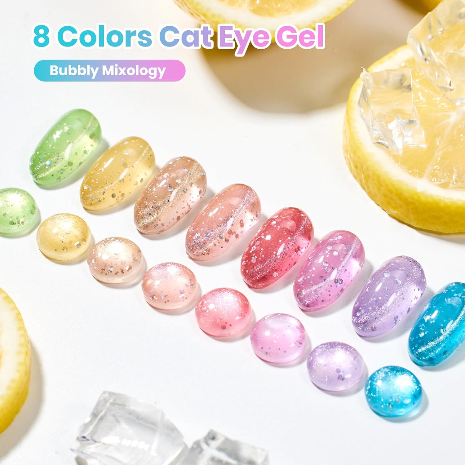 Beetles Bubbly Mixology Cat Eye Gel Nail Polish Set - 8 Colors Pastel Spring Shimmer Glitter Gel Polish Kit Pink Blue Orange Green Yellow Purple Velvet Gel Soak Off UV DIY Manicure Gift for Women