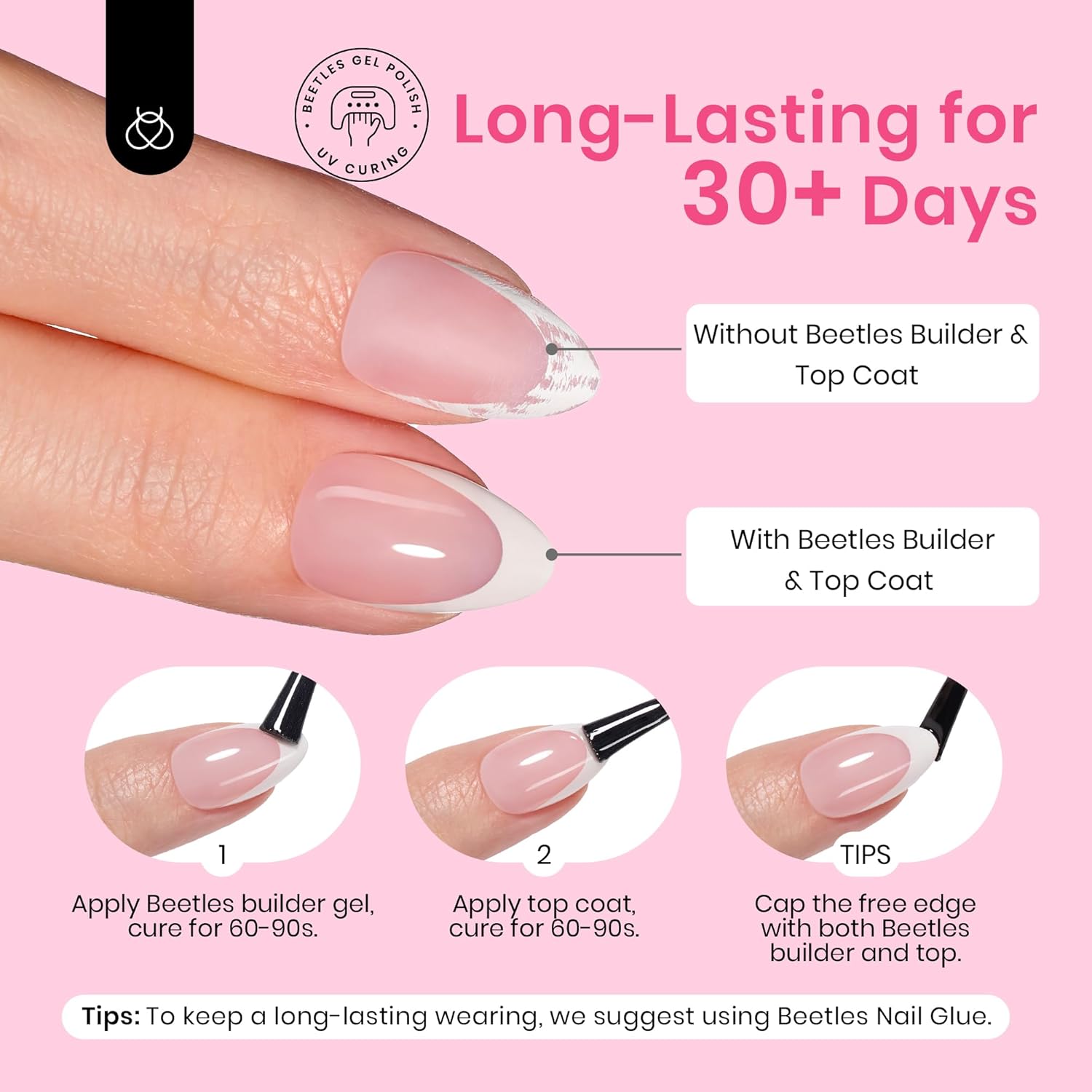 Beetles French Tips Press on Nails,224 pcs Short Almond Beetles Gel X Nail Tips,16 Size Extra Short Press on Nails Fake Nails DIY Salon for Women