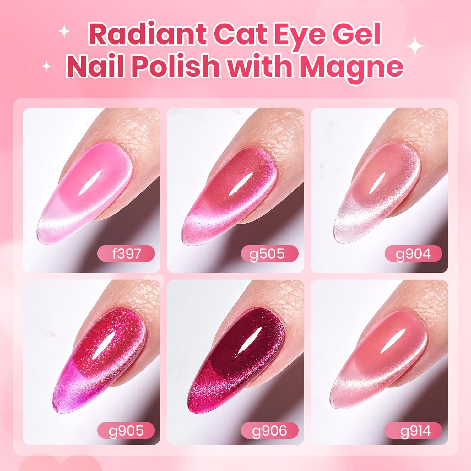 Beetles Pulse of Love Pink Cat Eye Gel Nail Polish Set - 6 Colors Summer Nails Pink Cat Eye Glitter Gel Polish Kit Magnetic Shine Soak Off UV French Nail Art Salon DIY Manicure Spring Gift for Women