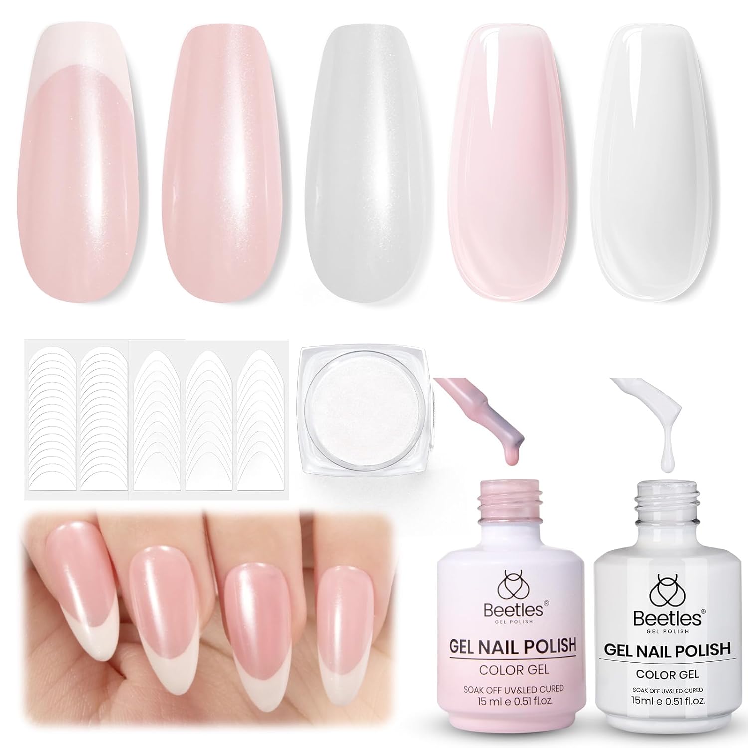 Beetles French Tip Gel Set - Pearl Glaze White Nude Pink Upgraded Gel Nail Kit Soak Off UV LED with 4 Styles Bubble French&Chrome Powder Nail Art Sticker DIY Home Salon Spring Gift for Women