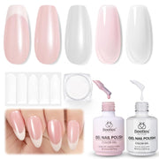 Beetles French Tip Gel Set - Pearl Glaze White Nude Pink Upgraded Gel Nail Kit Soak Off UV LED with 4 Styles Bubble French&Chrome Powder Nail Art Sticker DIY Home Salon Spring Gift for Women