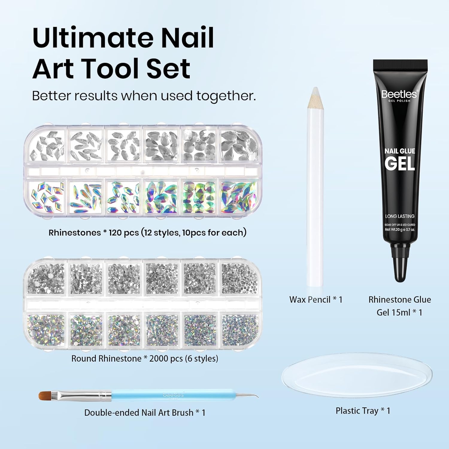 Rhinestone Nail Glue Set - AB Crystal Glass Gems with Nail Rhinestone Glue and Nail Brush