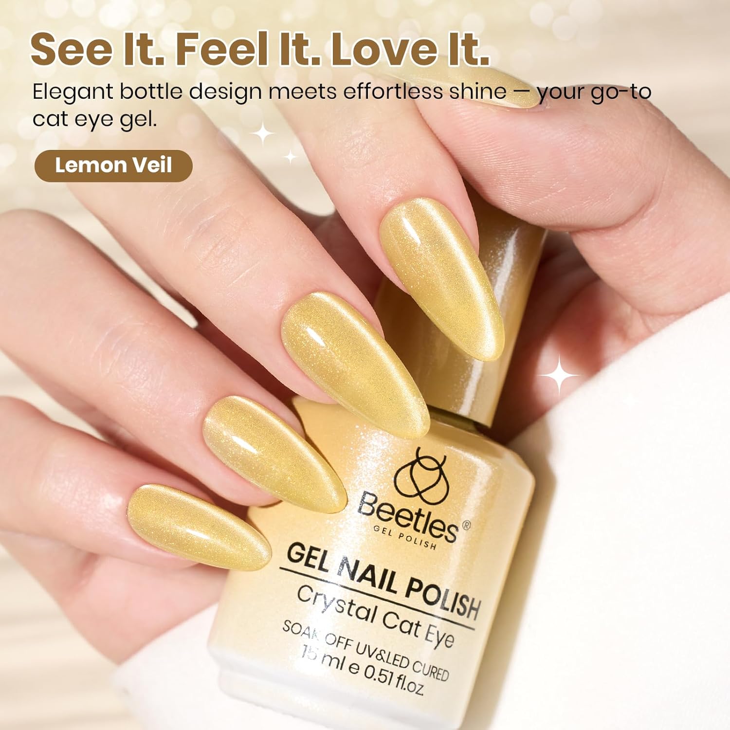 Beetles Lemon Veil Yellow Cat Eye Gel Nail Polish - 15ML Glitte Golden Summer Nails Magnetic Shimmer Effect Soak Off UV Nail Art Design Salon DIY Manicure Gifts for Women
