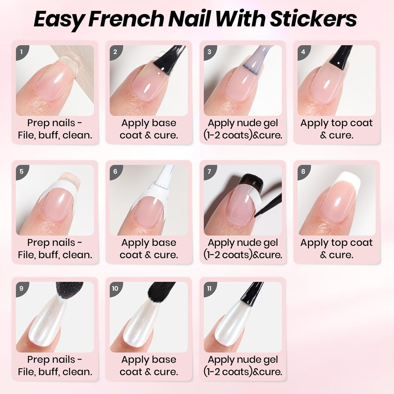 Beetles French Tip Gel Set - Pearl Glaze White Nude Pink Upgraded Gel Nail Kit Soak Off UV LED with 4 Styles Bubble French&Chrome Powder Nail Art Sticker DIY Home Salon Spring Gift for Women