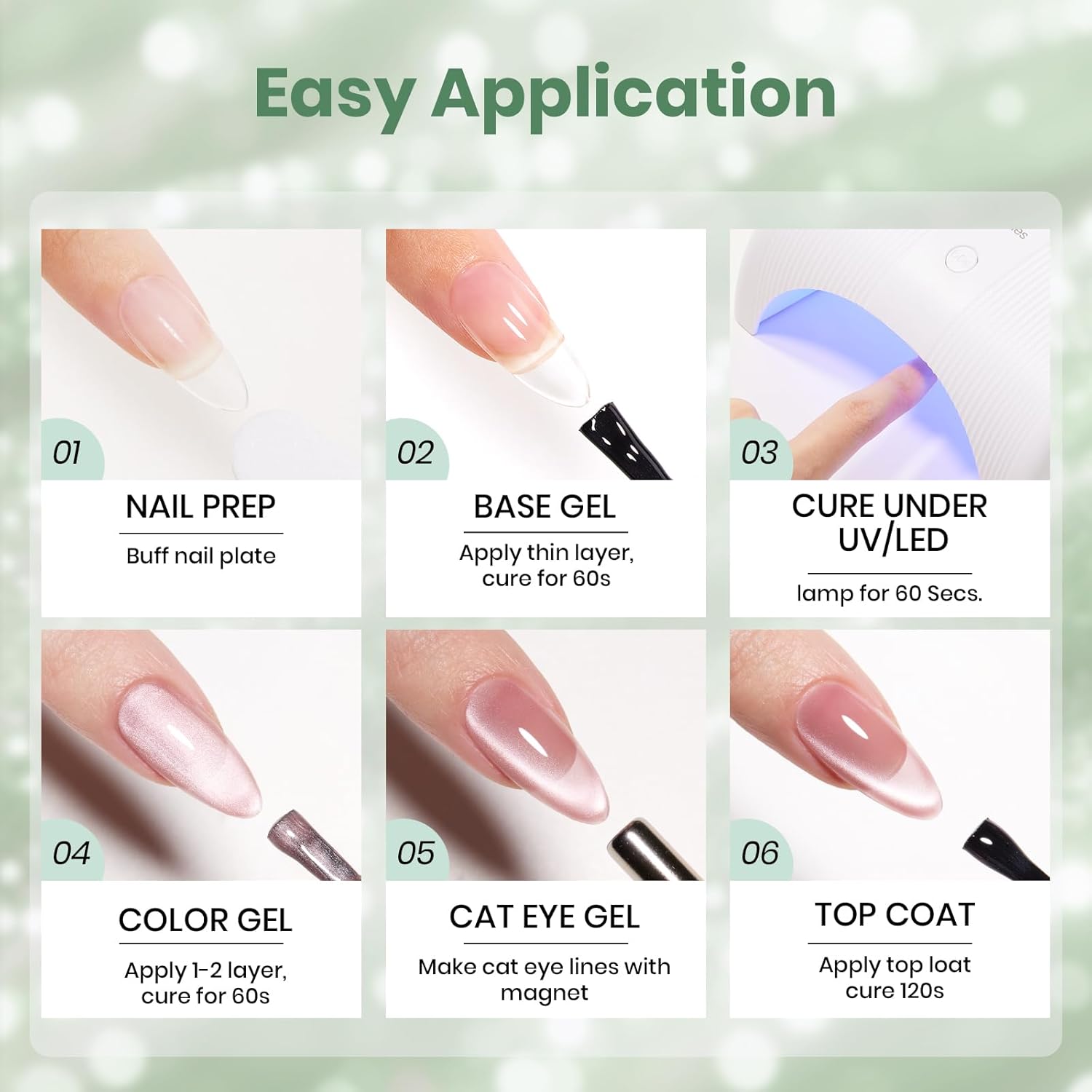 Beetles Minty Gleam Green Cat Eye Gel Nail Polish - 15ML Full Size Glass Green Glitter Cat Eye Gel Polish Magnetic Shimmer Effect Soak Off UV Nail Art Design Salon DIY Manicure Gift for Women