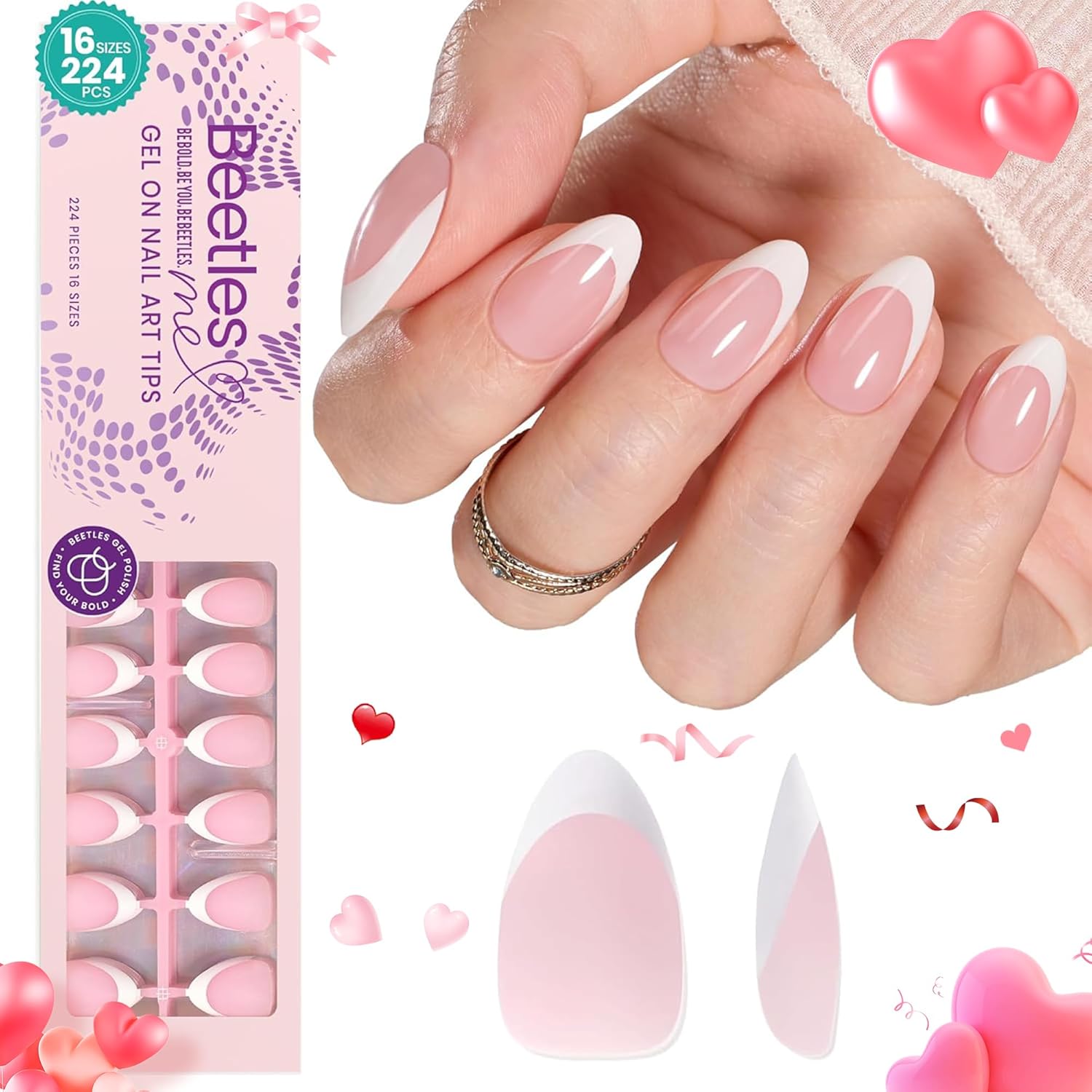Beetles French Tips Press on Nails,224 pcs Short Almond Beetles Gel X Nail Tips,16 Size Extra Short Press on Nails Fake Nails DIY Salon for Women