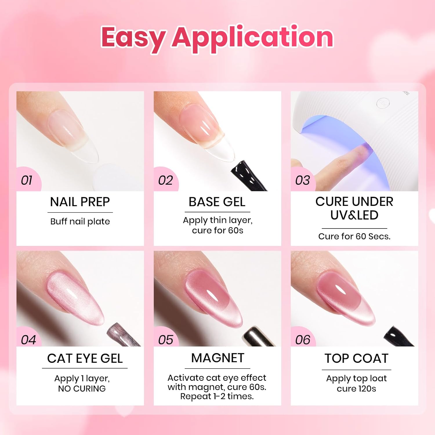 Beetles Pulse of Love Pink Cat Eye Gel Nail Polish Set - 6 Colors Summer Nails Pink Cat Eye Glitter Gel Polish Kit Magnetic Shine Soak Off UV French Nail Art Salon DIY Manicure Spring Gift for Women