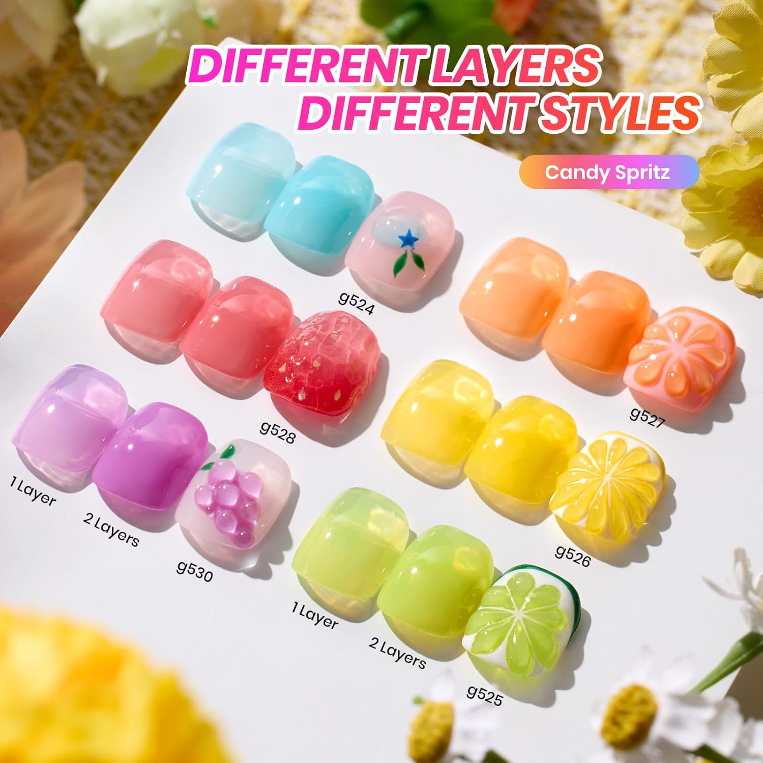 Beetles Candy Spritz Jelly Gel Nail Polish Set - 6 Colors Pastel Spring Gel Nail Kit Red Purple Blue Green Yellow Orange Sheer Translucent Effect Soak Off UV Nail Art Gift Manicure for Women
