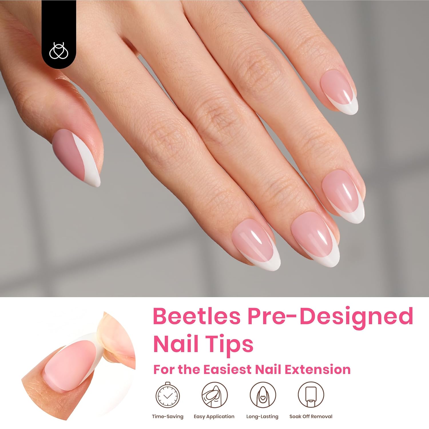 Beetles French Tips Press on Nails,224 pcs Short Almond Beetles Gel X Nail Tips,16 Size Extra Short Press on Nails Fake Nails DIY Salon for Women