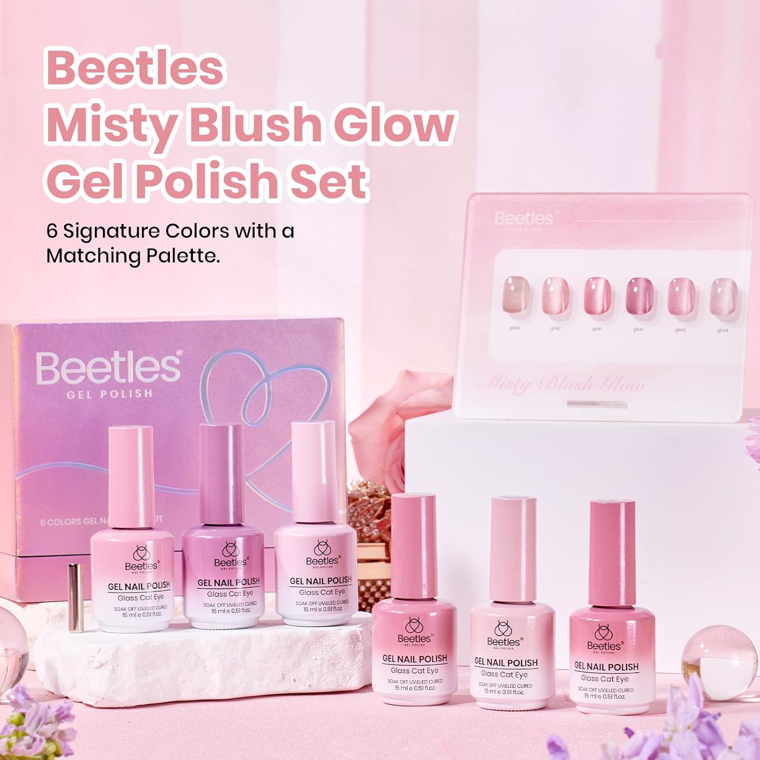Beetles Misty Blush Glow Pink Cat Eye Gel Nail Polish Set - 6 Colors 15ML Glitter Pink Cat Eye Gel Polish Kit Magnetic Effect Soak Off UV Nail Art Summer Nails