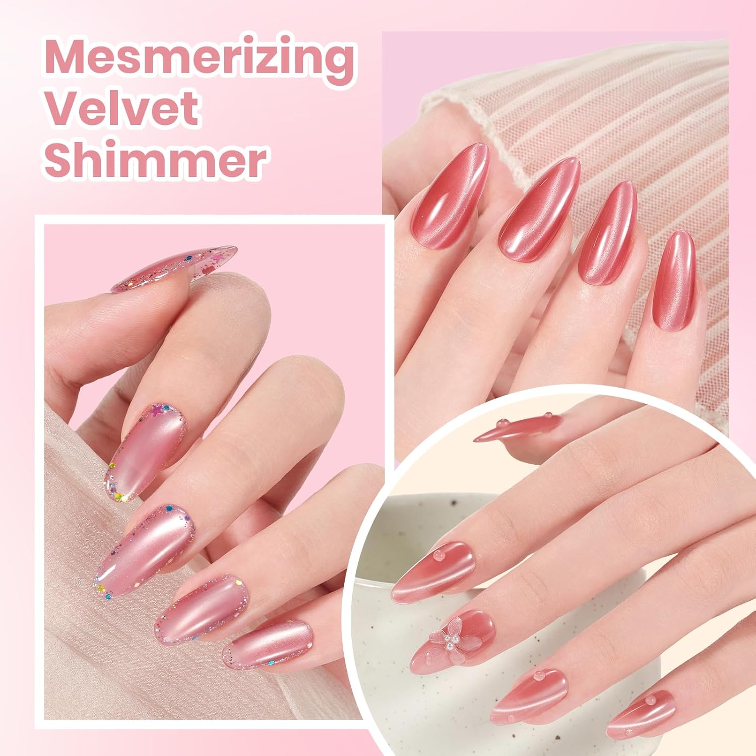 Beetles Misty Blush Glow Pink Cat Eye Gel Nail Polish Set - 6 Colors 15ML Glitter Pink Cat Eye Gel Polish Kit Magnetic Effect Soak Off UV Nail Art Summer Nails