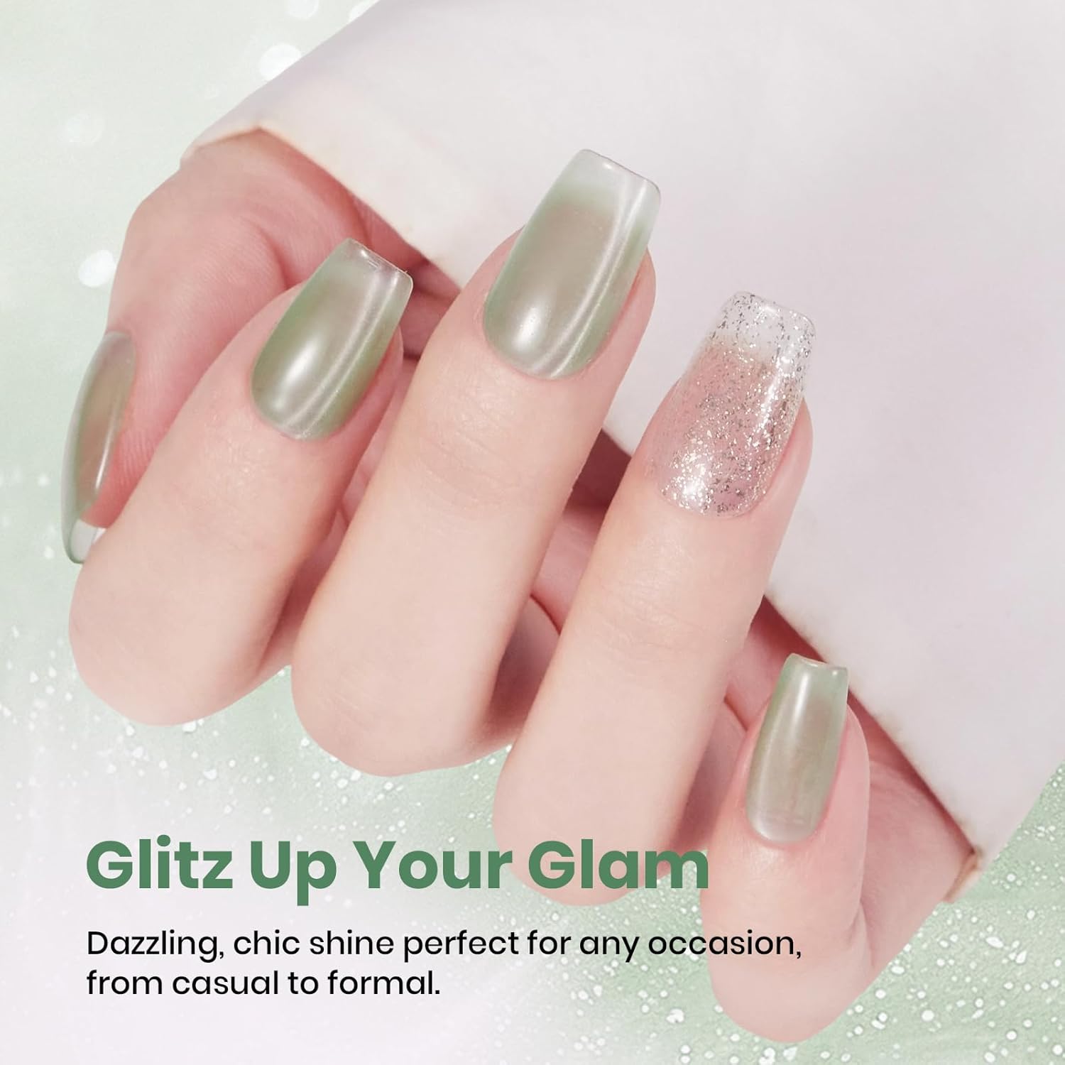 Beetles Minty Gleam Green Cat Eye Gel Nail Polish - 15ML Full Size Glass Green Glitter Cat Eye Gel Polish Magnetic Shimmer Effect Soak Off UV Nail Art Design Salon DIY Manicure Gift for Women