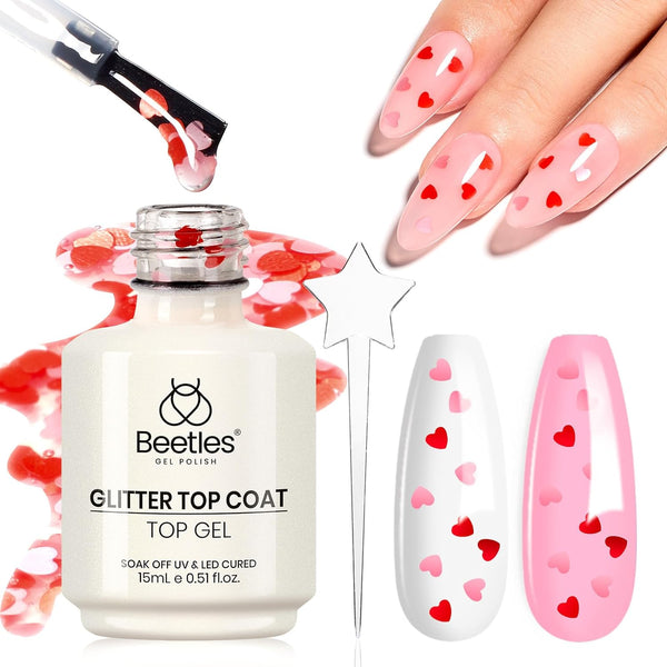 Beetles Pink & Red Heart Holographic Valentines Nails Glitter Top Coat | 15ML
