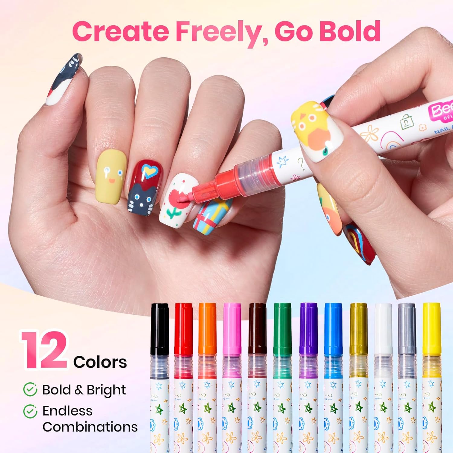 Beetles 12 Colors Nail Art Pens, 0.5mm Fine Line Quick Air Drying Acrylic Paint Markers