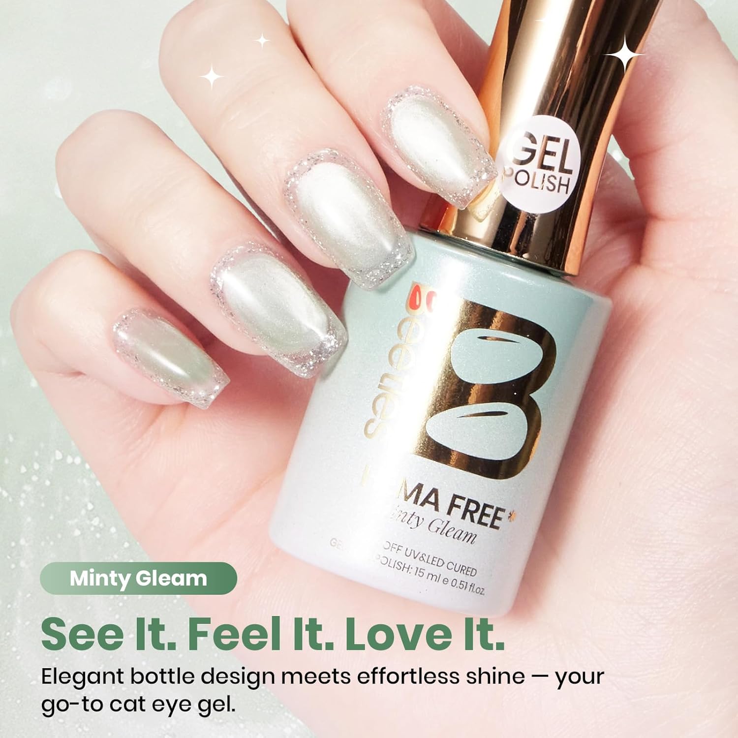 Beetles Minty Gleam Green Cat Eye Gel Nail Polish - 15ML Full Size Glass Green Glitter Cat Eye Gel Polish Magnetic Shimmer Effect Soak Off UV Nail Art Design Salon DIY Manicure Gift for Women