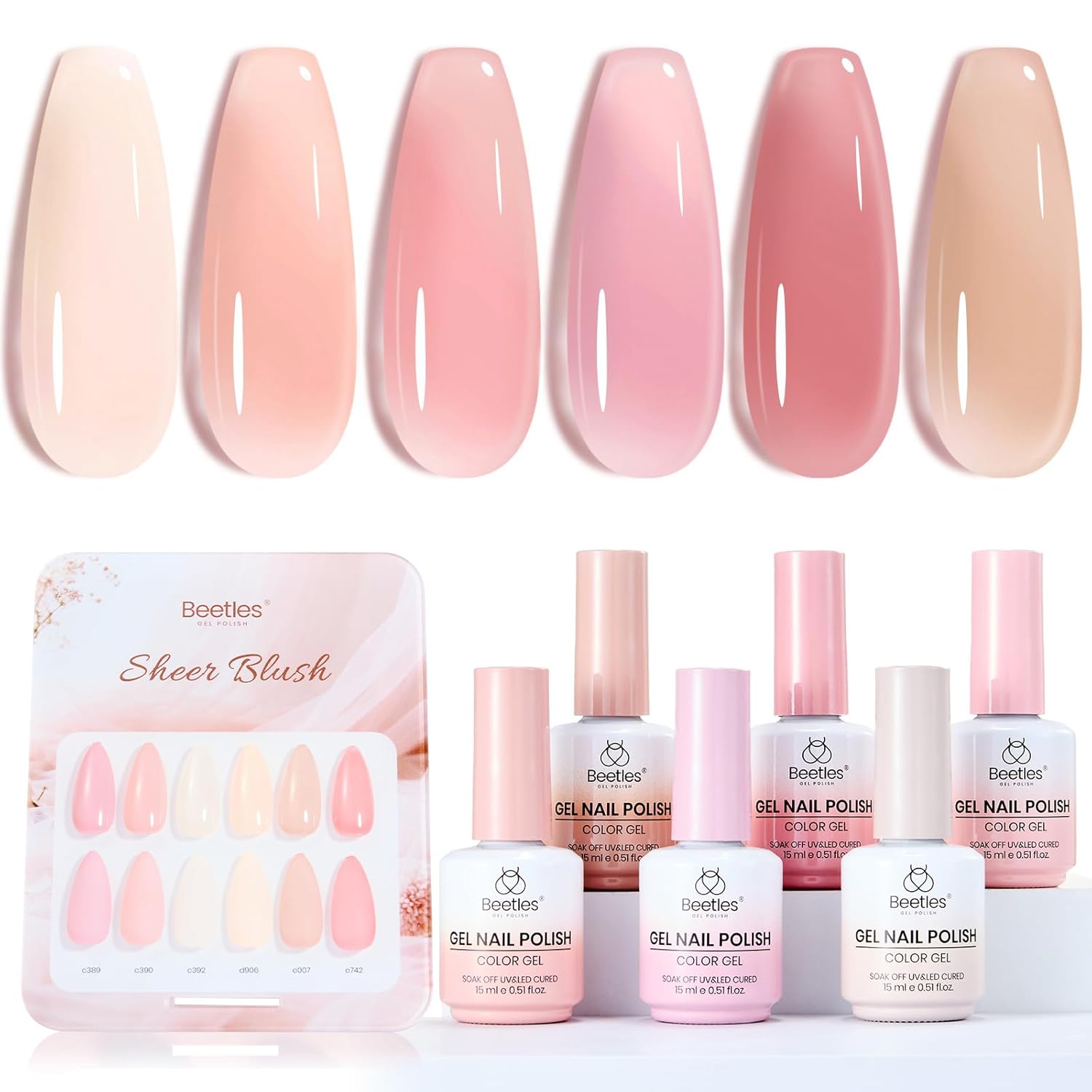 Beetles Sheer Blush Nude Gel Nail Polish Set - 6 Colors Summer Nails 15ML Nude Pink Brown Neutral Jelly Gel Polish Kit Sheer Translucent Effect Soak Off UV Nail Art Design Manicure Gift for Women