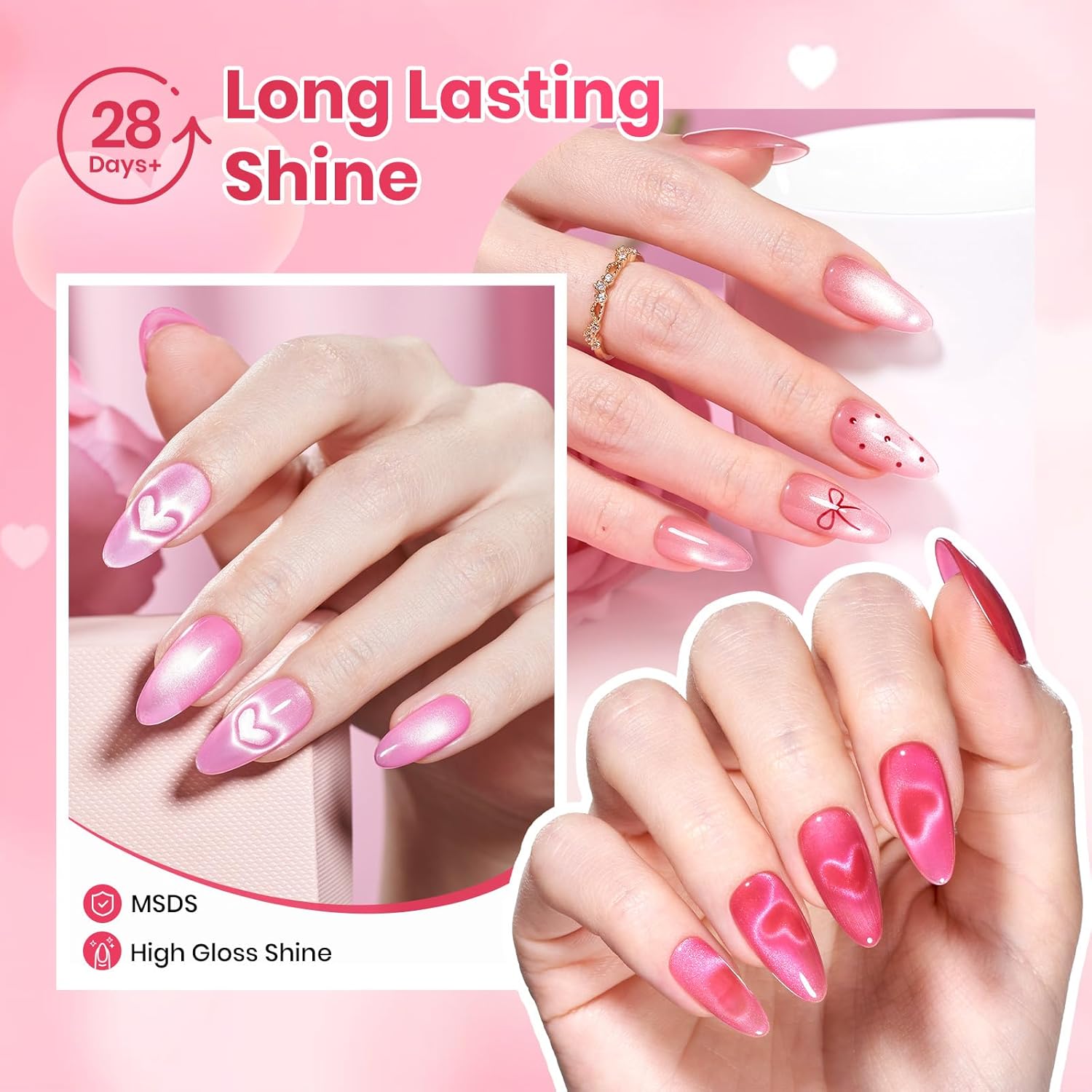 Beetles Pulse of Love Pink Cat Eye Gel Nail Polish Set - 6 Colors Summer Nails Pink Cat Eye Glitter Gel Polish Kit Magnetic Shine Soak Off UV French Nail Art Salon DIY Manicure Spring Gift for Women