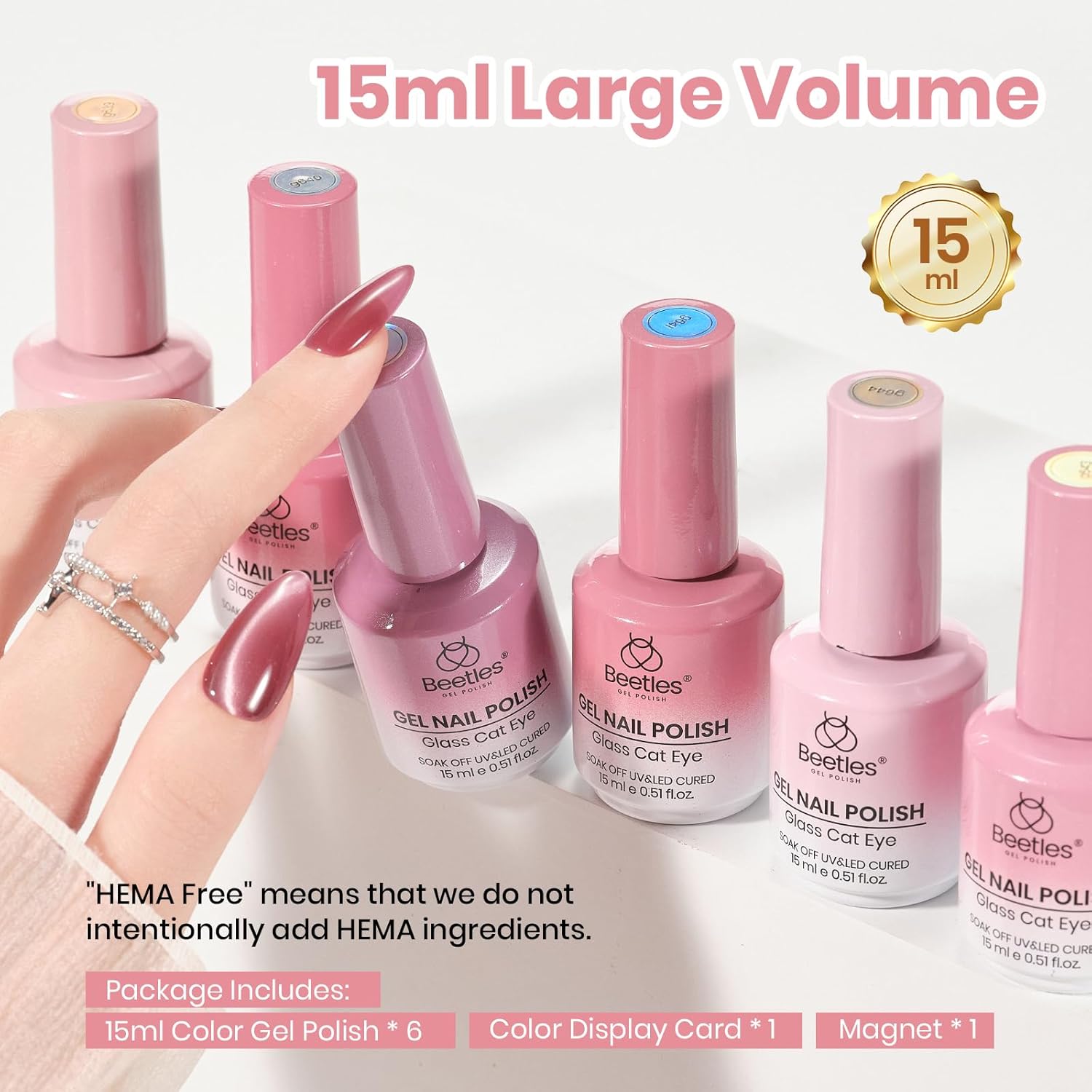 Beetles Misty Blush Glow Pink Cat Eye Gel Nail Polish Set - 6 Colors 15ML Glitter Pink Cat Eye Gel Polish Kit Magnetic Effect Soak Off UV Nail Art Summer Nails